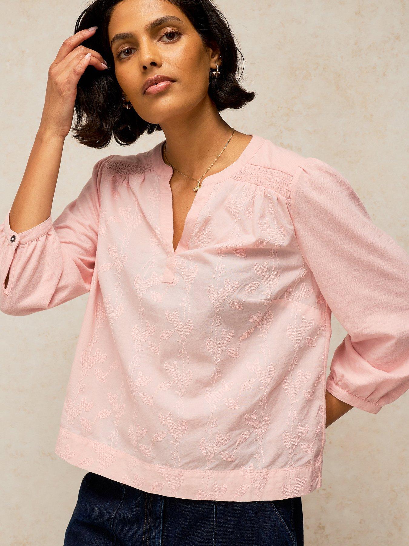 Image 1 of 5 of White Stuff Womens Amelia Embroidered Split Neck Top - Pink