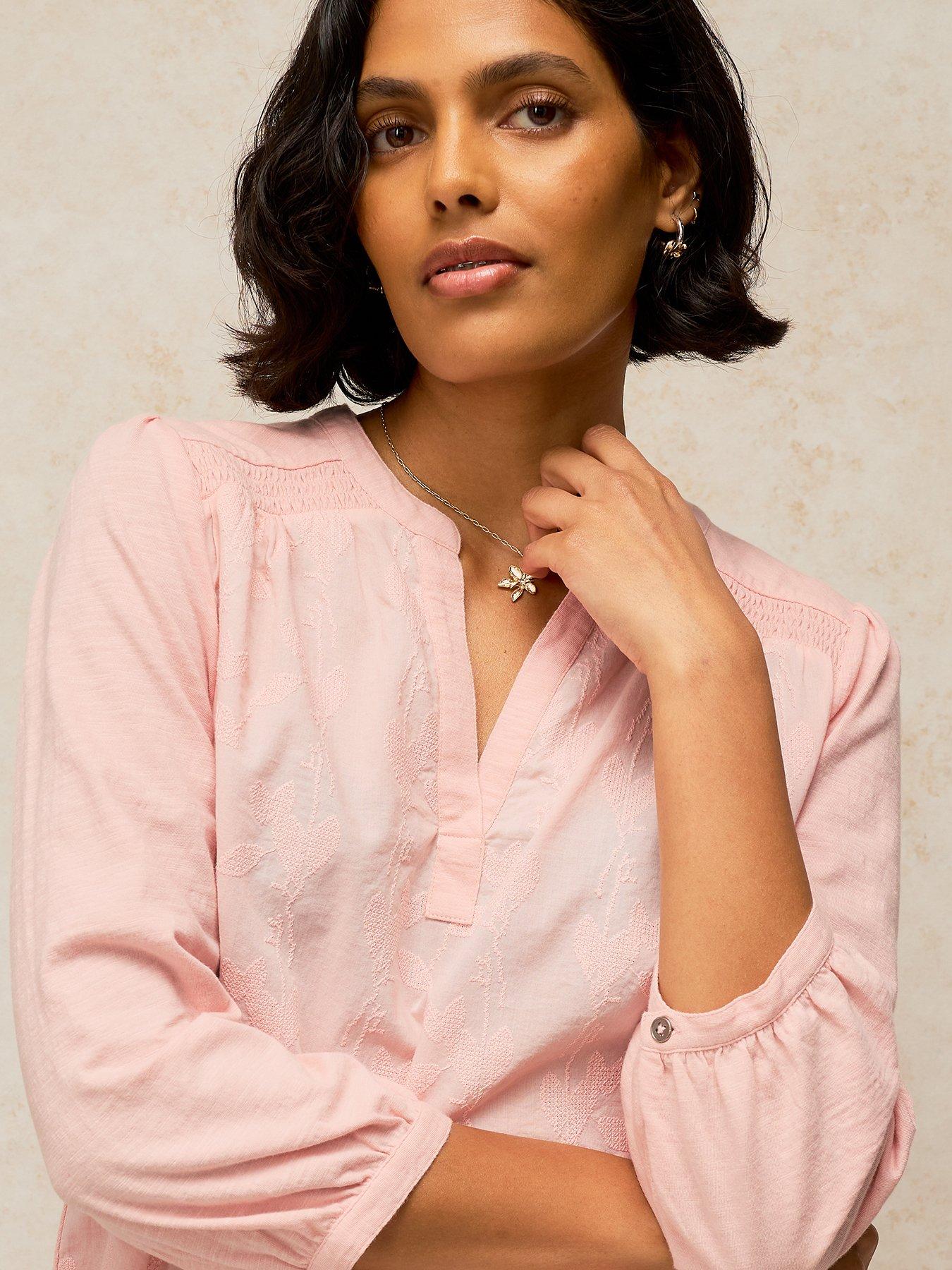 Image 4 of 5 of White Stuff Womens Amelia Embroidered Split Neck Top - Pink