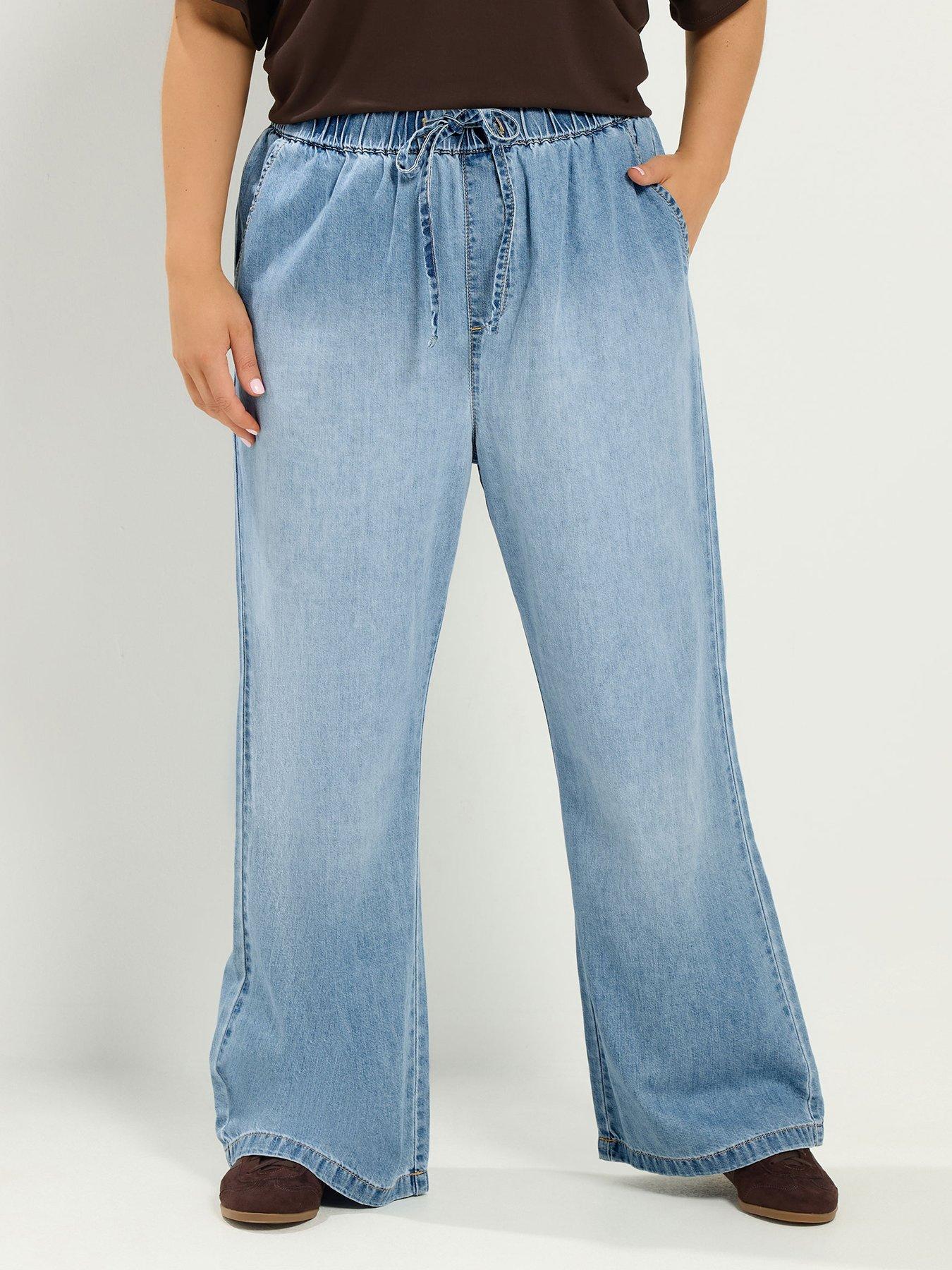 Yours Curve Wide Leg Drawstring Jeans 28" - Blue