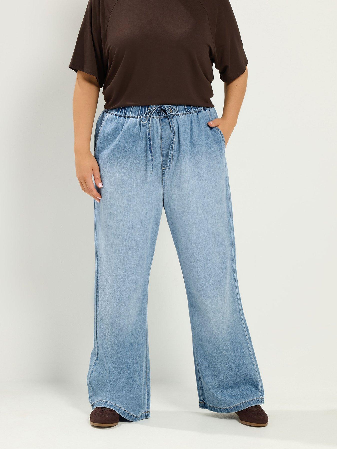 Yours Curve Drawstring 30" Wide Leg Jeans - Blue