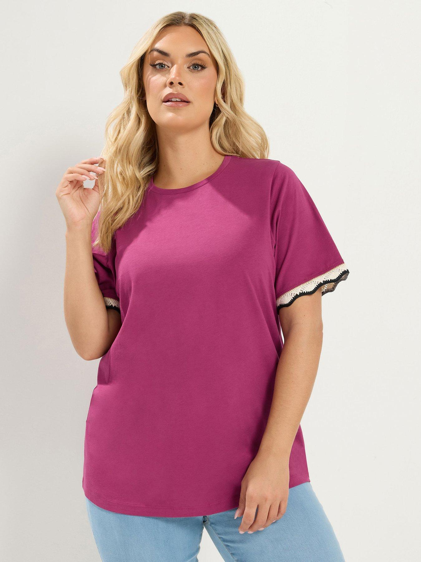 Yours Curve Lurex Trim T-Shirt - Pink