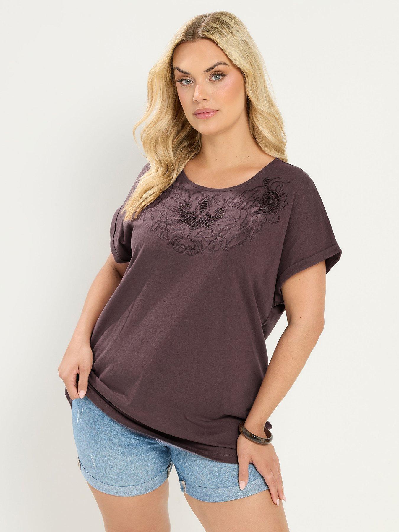 Yours Curve Yoke Detail T-Shirt - Brown