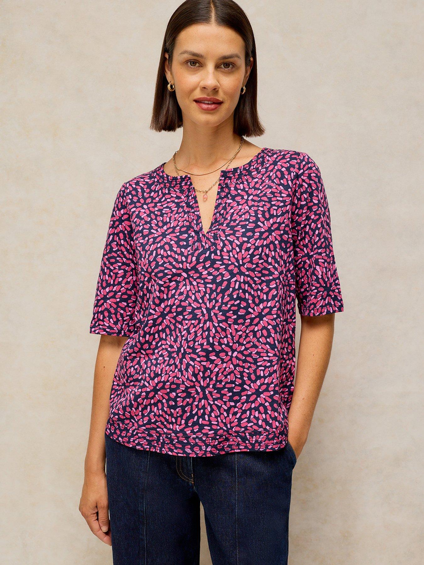 Image 1 of 5 of White Stuff Weaver Notch Neck Tee - Pink