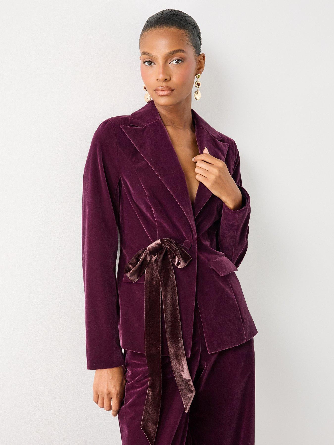 Image 1 of 6 of The Very Collection Womens Velvet Bow Single Breasted Blazer Co Ord - Purple