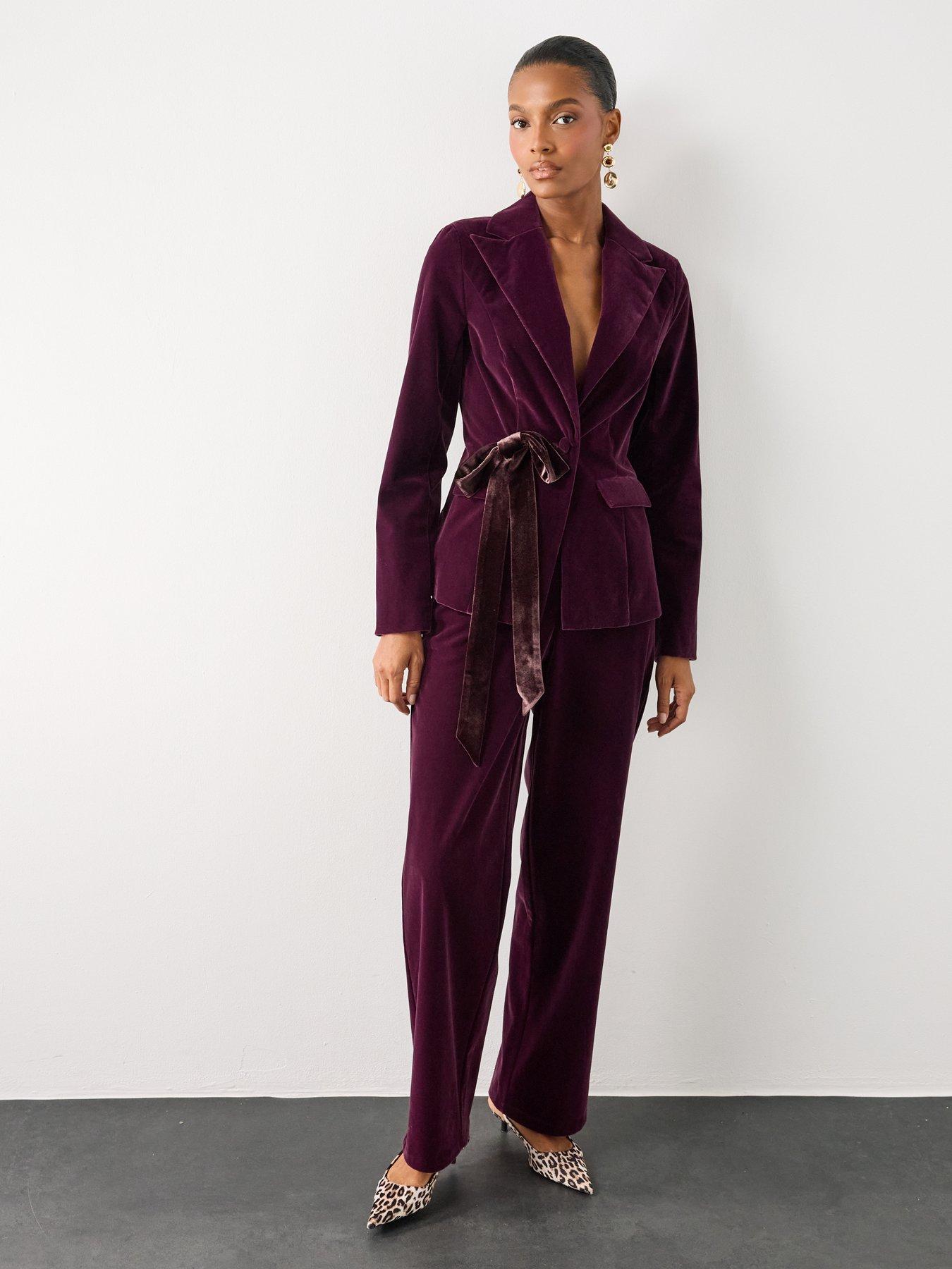 Image 3 of 6 of The Very Collection Womens Velvet Bow Single Breasted Blazer Co Ord - Purple