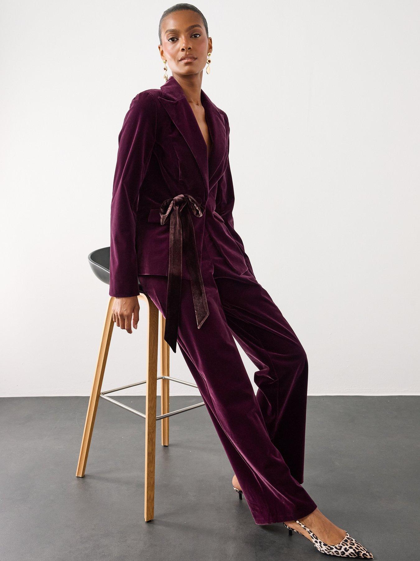 Image 4 of 6 of The Very Collection Womens Velvet Bow Single Breasted Blazer Co Ord - Purple