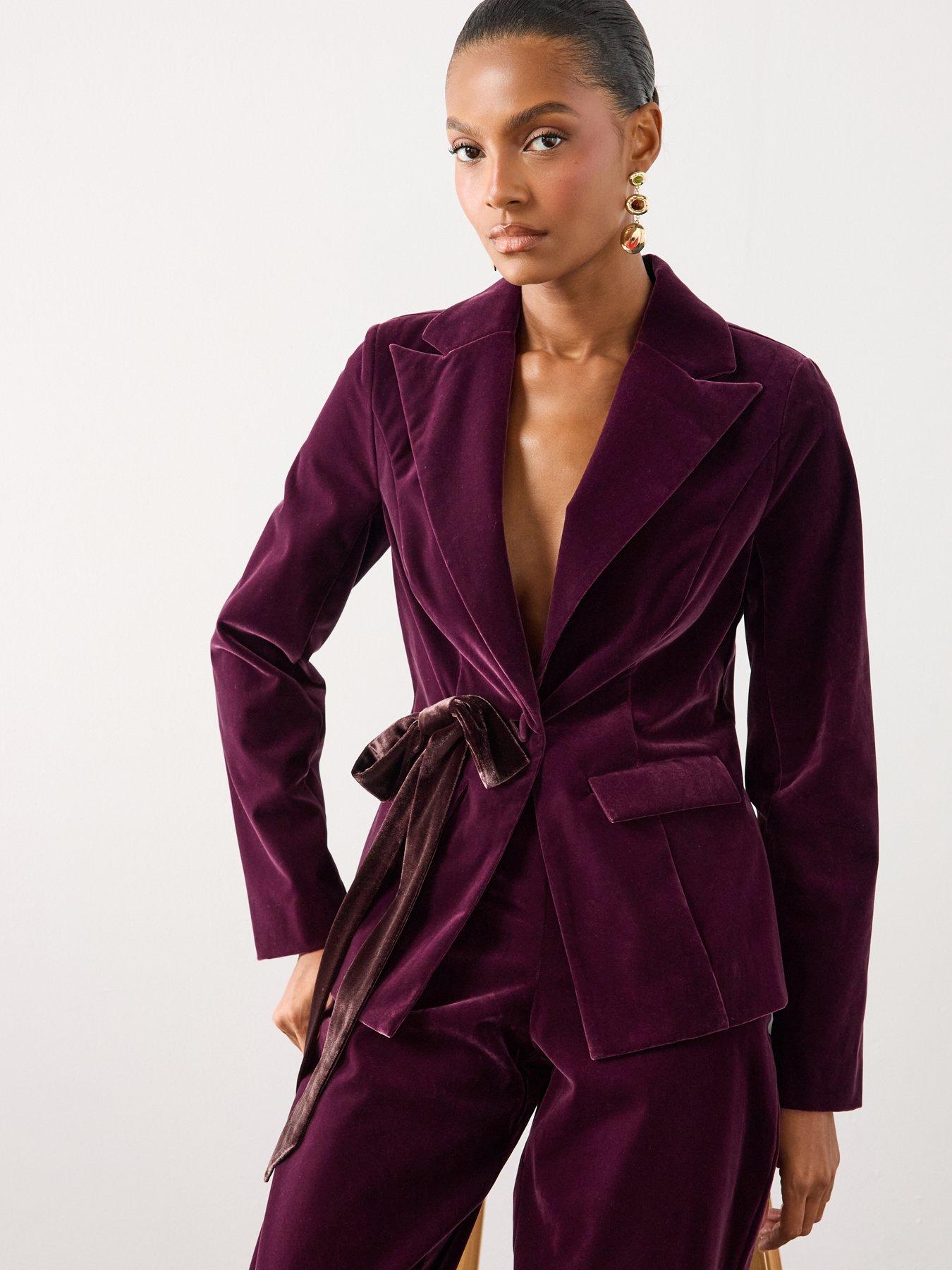 Image 5 of 6 of The Very Collection Womens Velvet Bow Single Breasted Blazer Co Ord - Purple