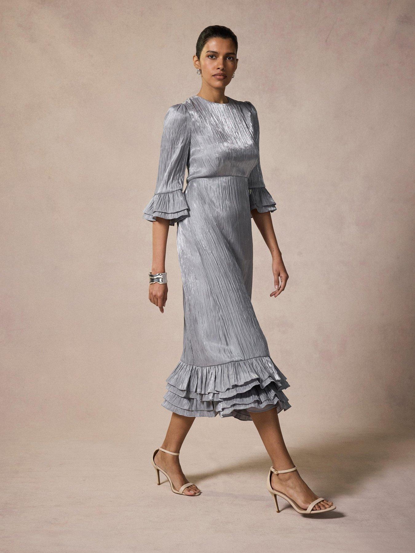 Mint Velvet Metallic Ruffle Midi Dress - Silver