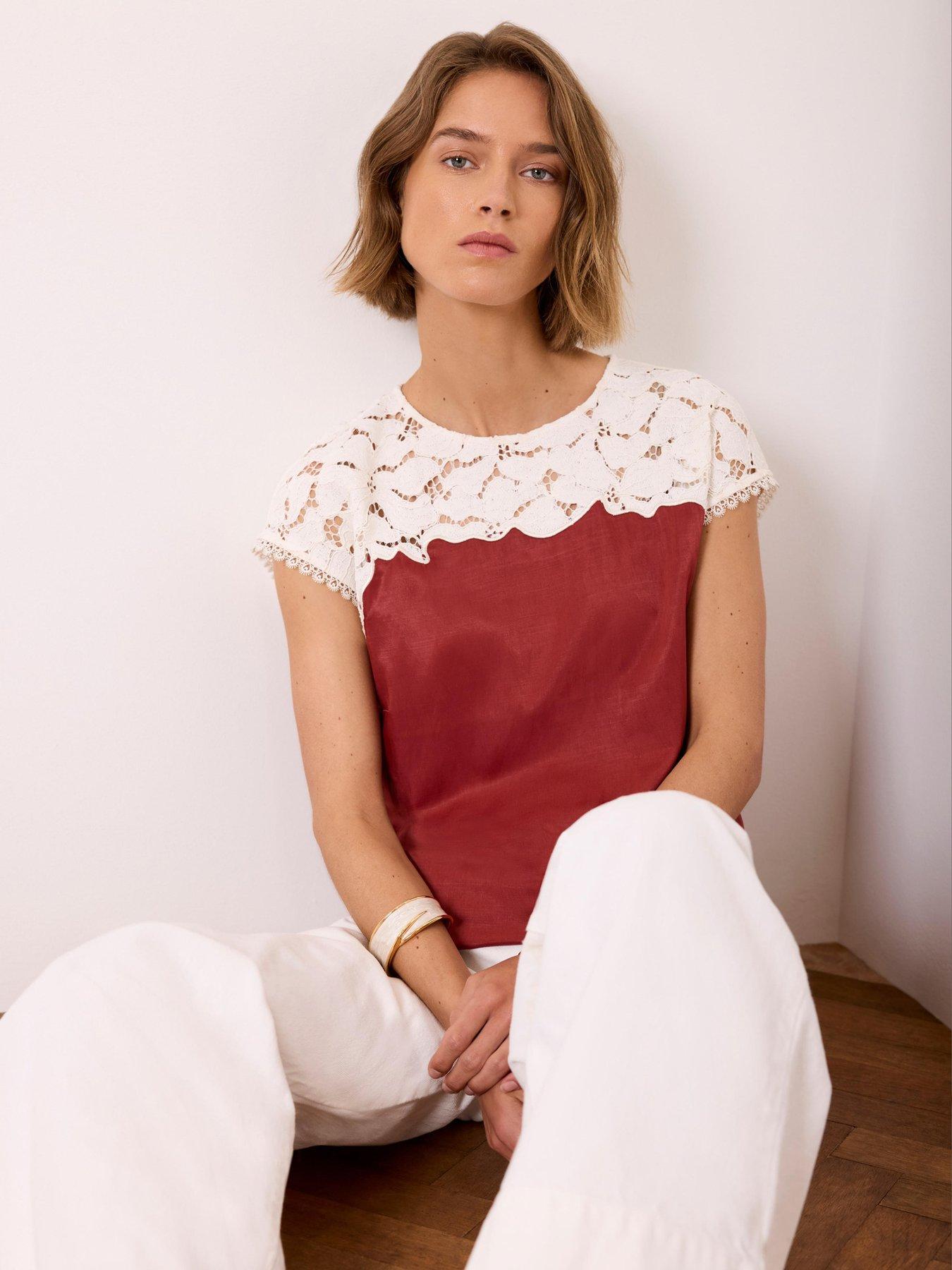 Mint Velvet Satin Lace T-Shirt - Red