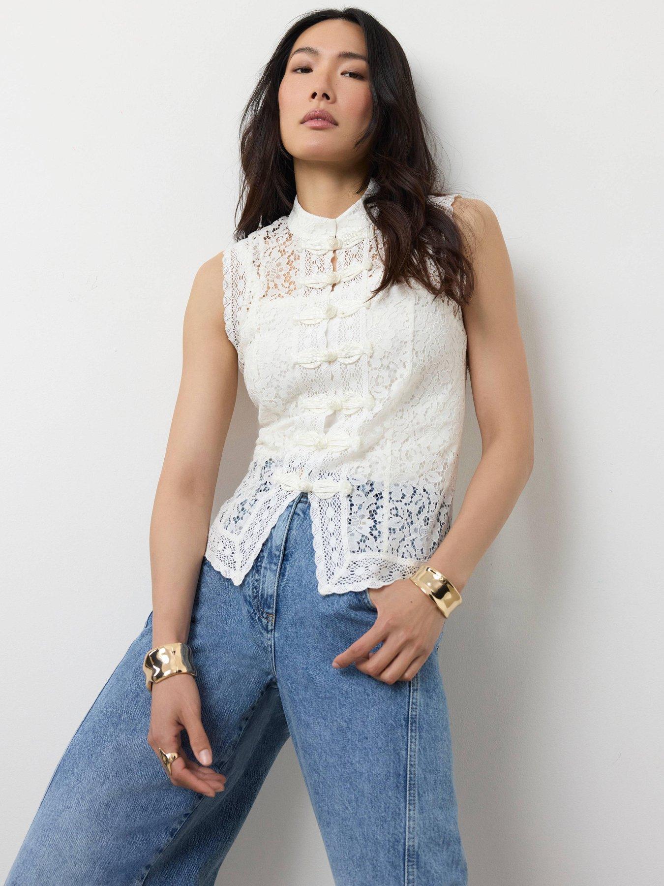 Mint Velvet Ivory Lace Military Top - White