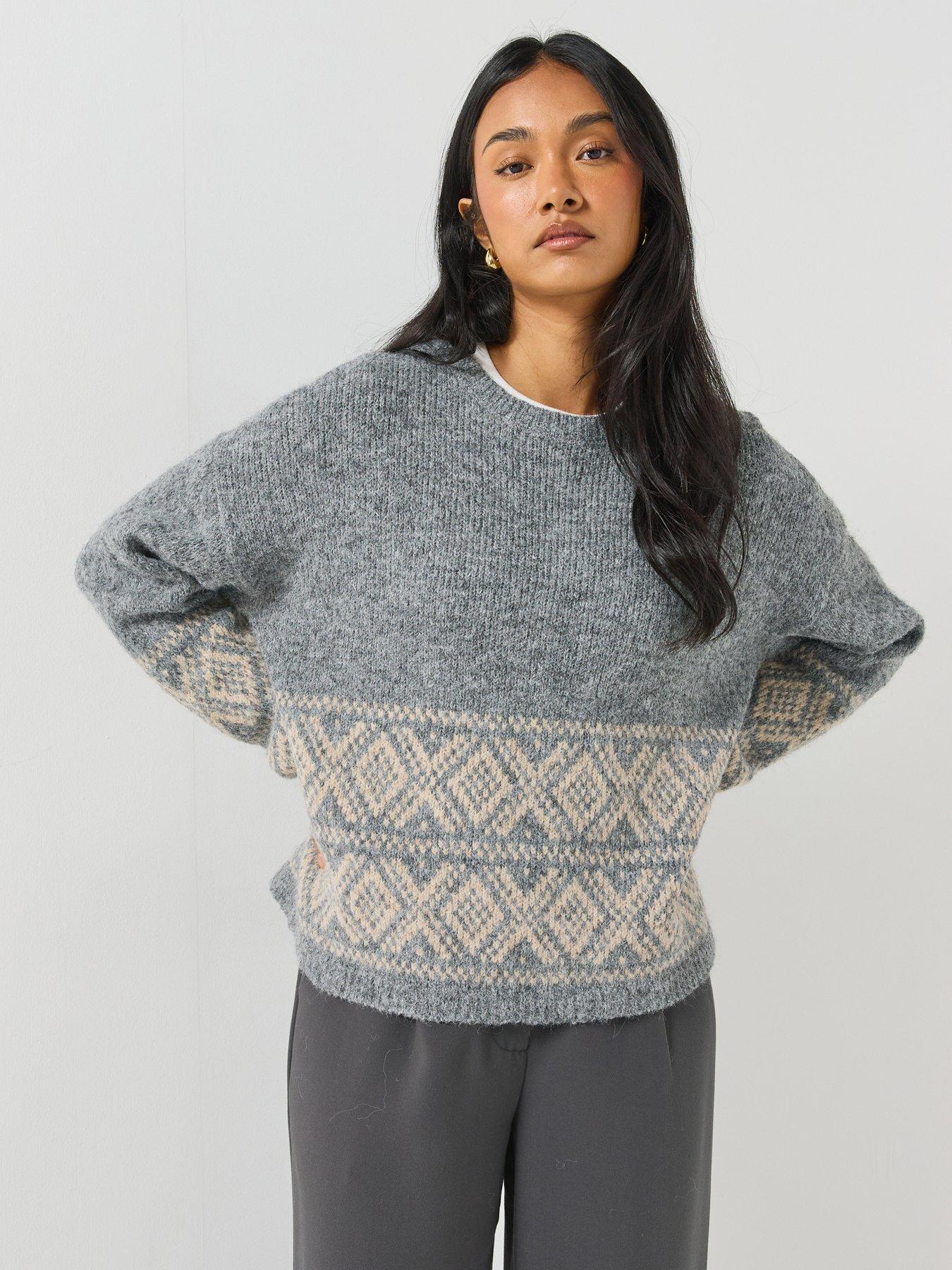 Image 1 of 6 of JDY Womens Fairisle Trim Fluffy-Look Relaxed Jumper - Grey