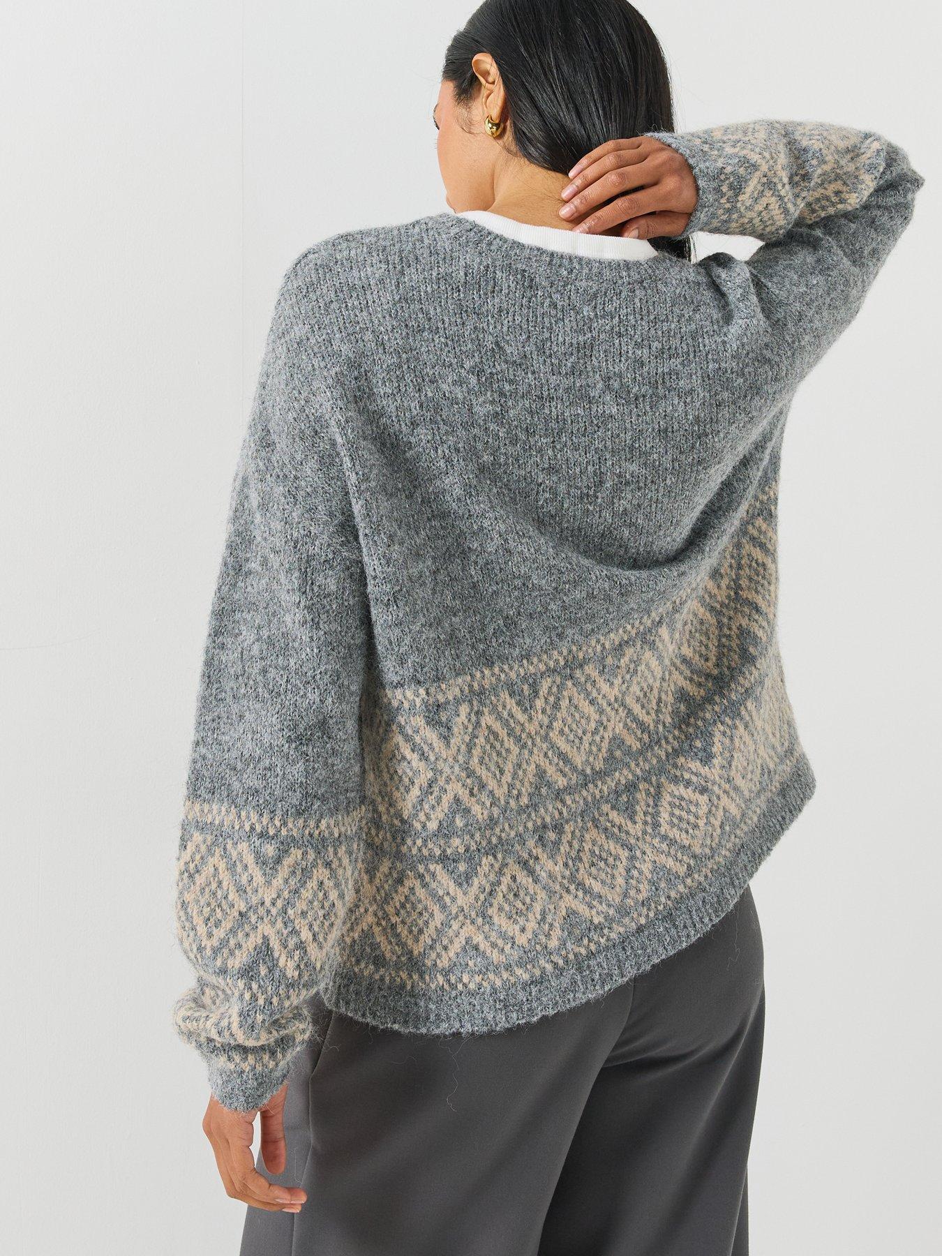 Image 2 of 6 of JDY Womens Fairisle Trim Fluffy-Look Relaxed Jumper - Grey