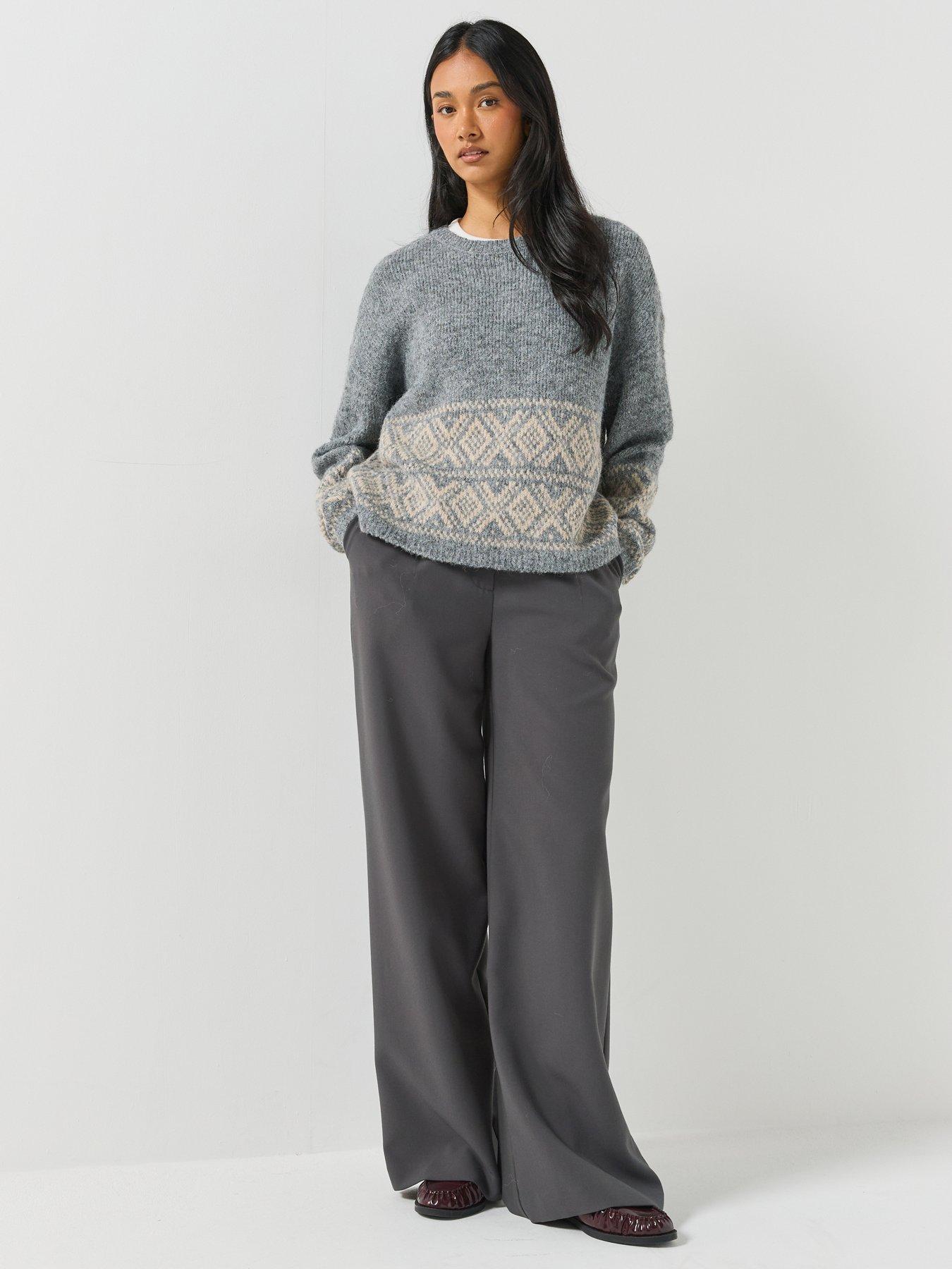 Image 3 of 6 of JDY Womens Fairisle Trim Fluffy-Look Relaxed Jumper - Grey