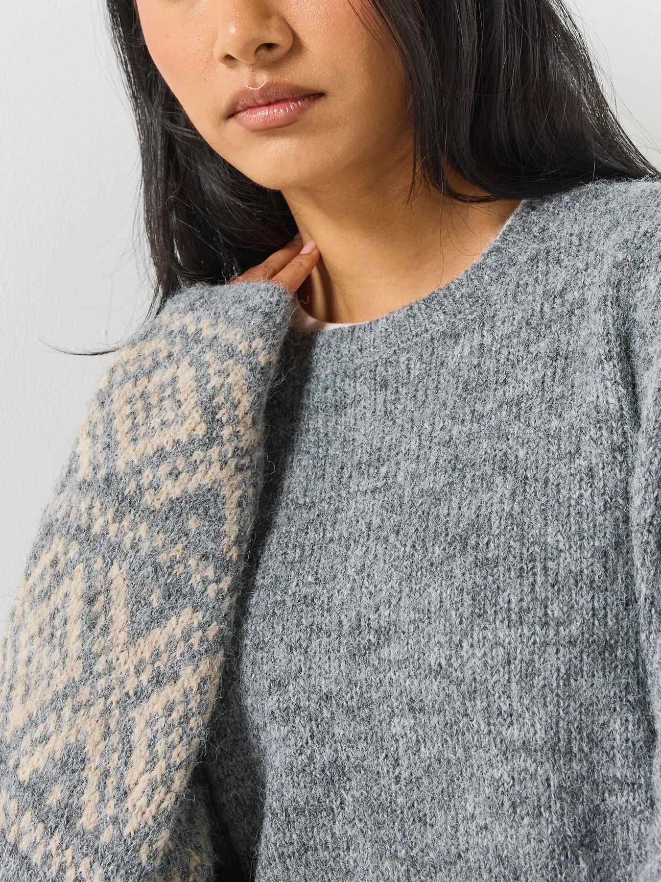Image 4 of 6 of JDY Womens Fairisle Trim Fluffy-Look Relaxed Jumper - Grey