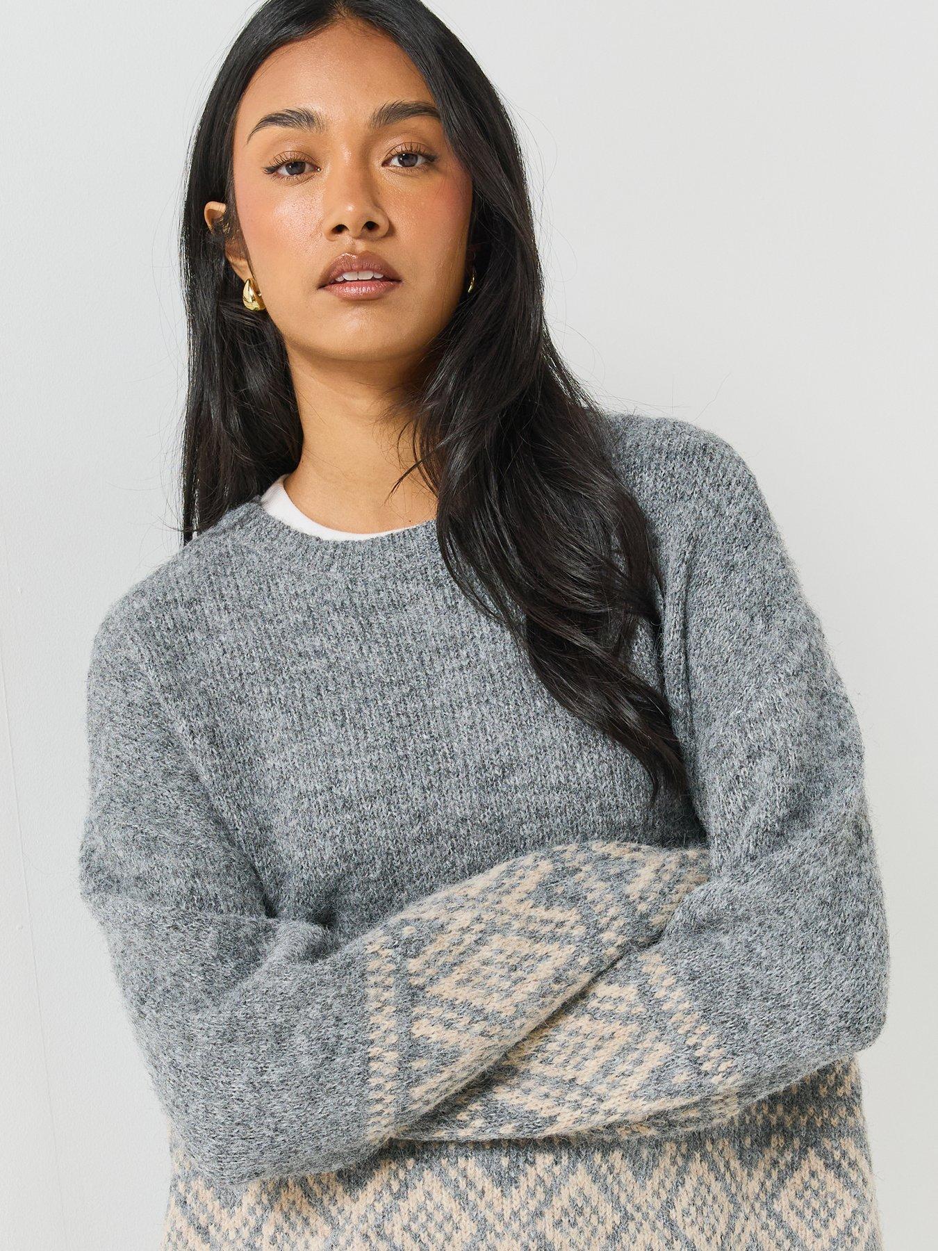 Image 5 of 6 of JDY Womens Fairisle Trim Fluffy-Look Relaxed Jumper - Grey