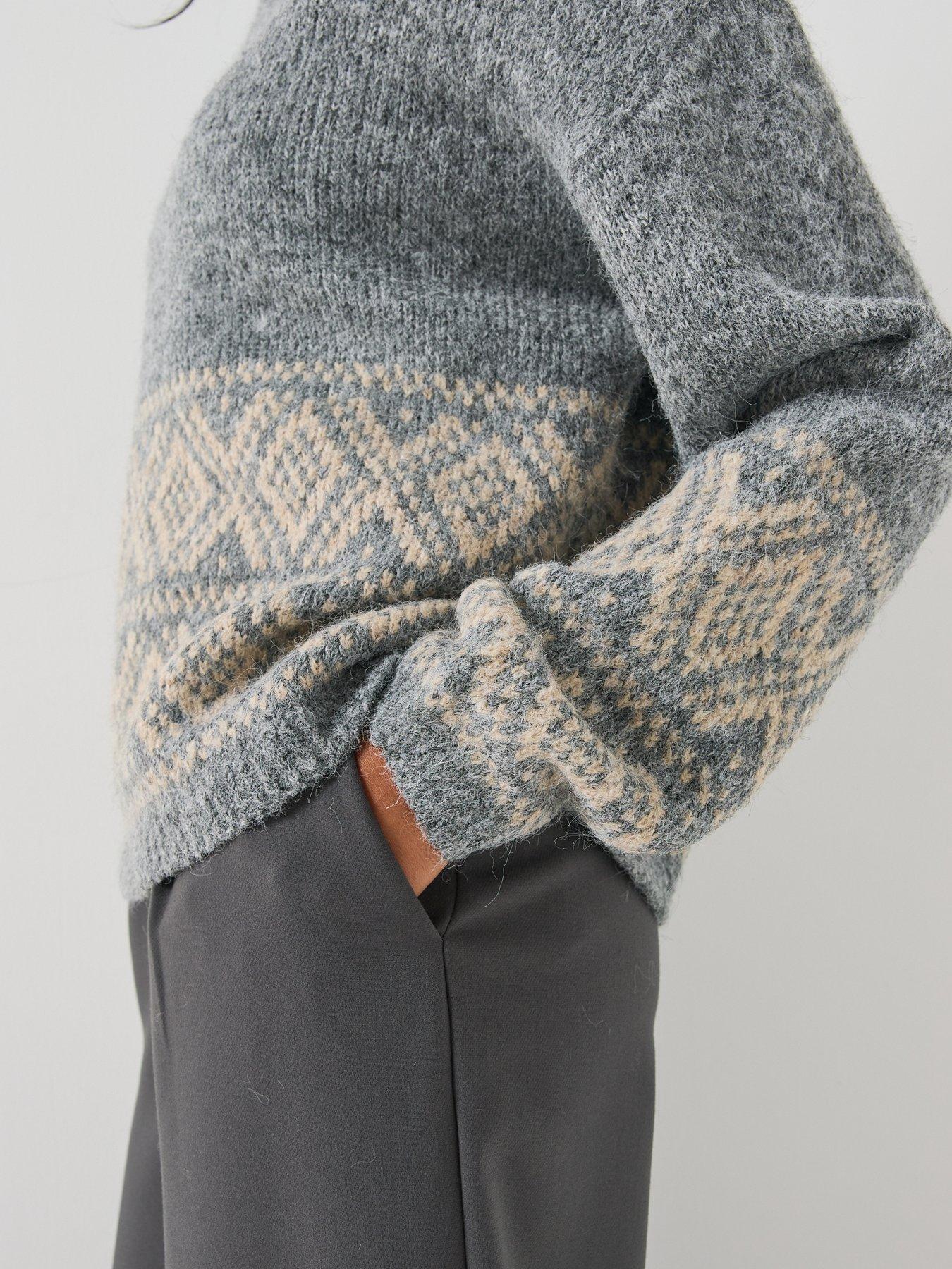 Image 6 of 6 of JDY Womens Fairisle Trim Fluffy-Look Relaxed Jumper - Grey