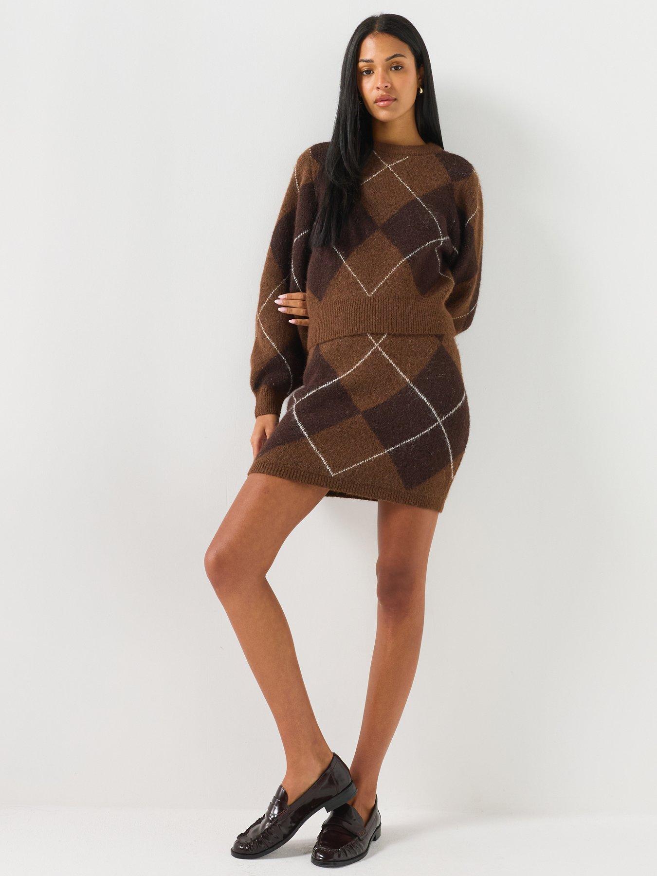 Image 3 of 6 of Vero Moda Womens High Waist Argyle Pull-On Mini Skirt - Brown
