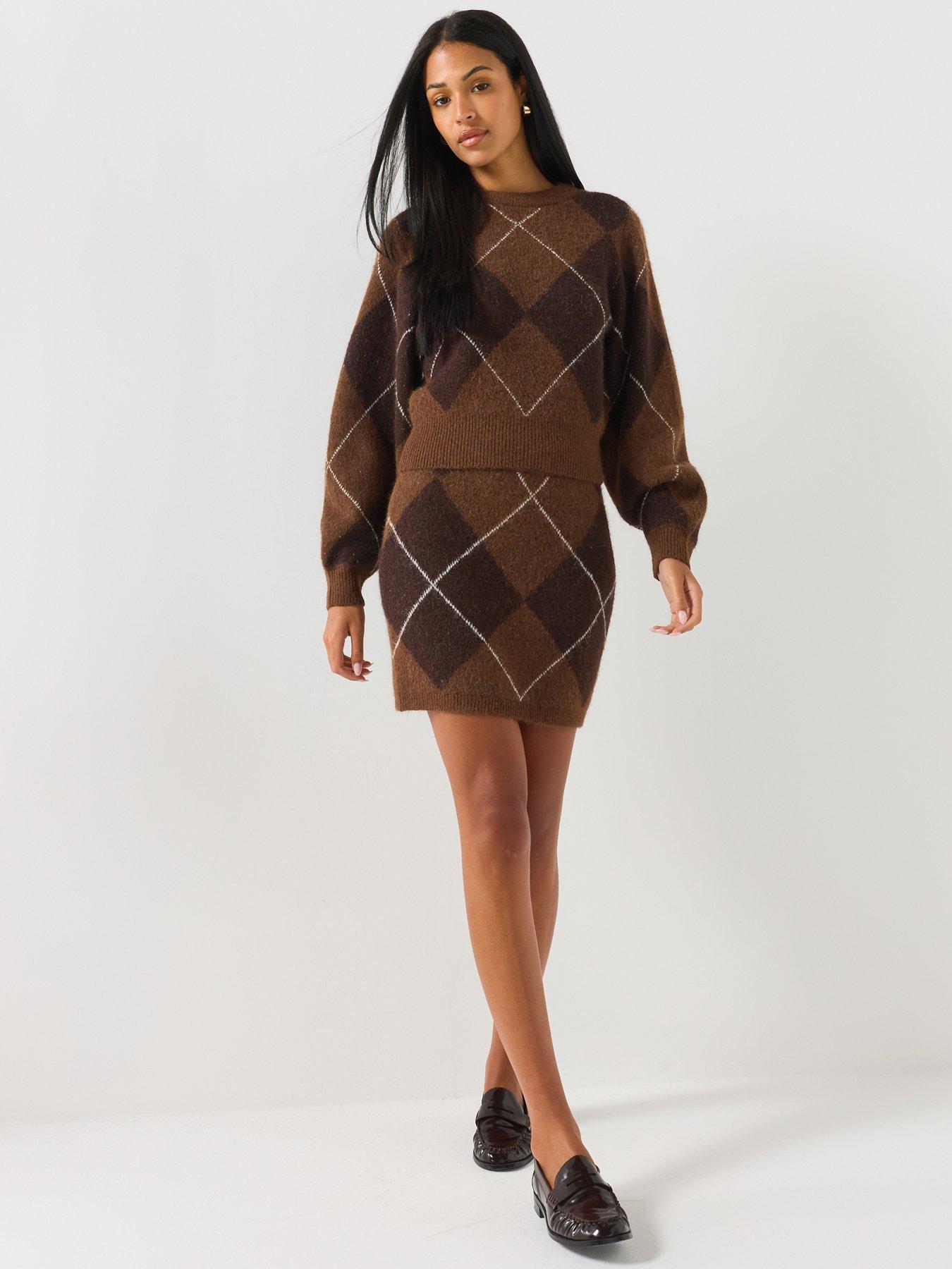 Image 4 of 6 of Vero Moda Womens High Waist Argyle Pull-On Mini Skirt - Brown