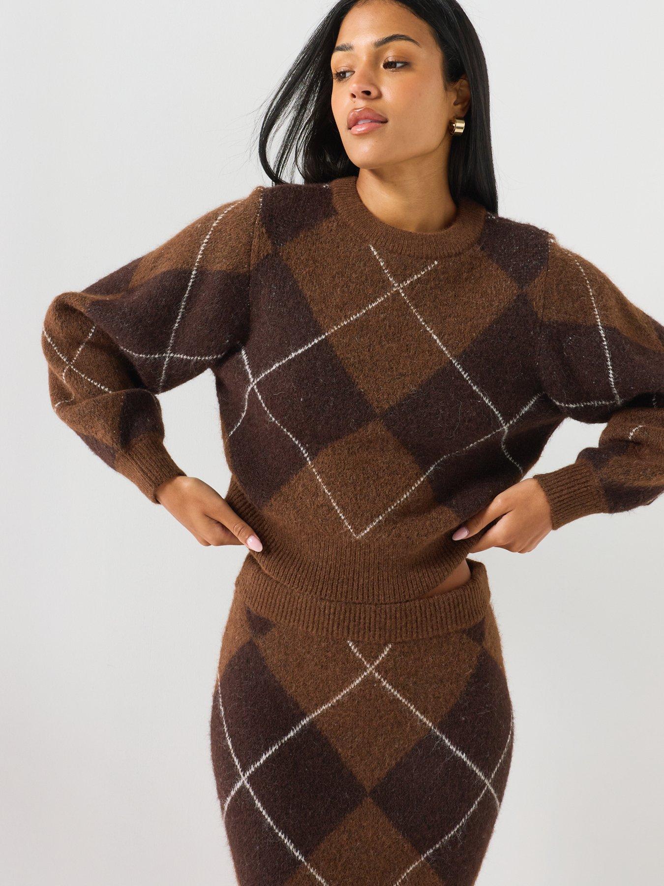 Image 5 of 6 of Vero Moda Womens High Waist Argyle Pull-On Mini Skirt - Brown