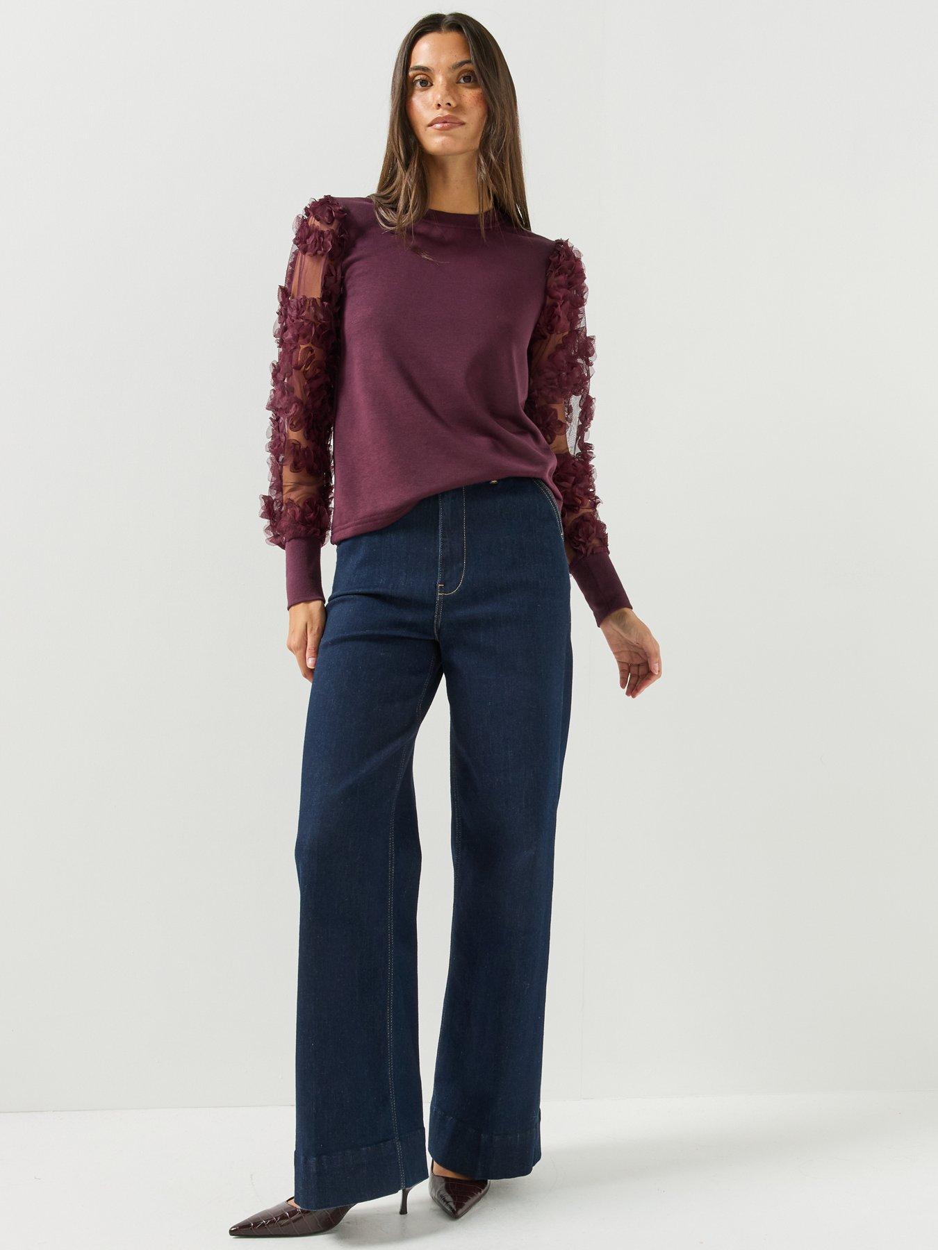 Image 3 of 4 of JDY Womens Fairview Life 3D Floral Mesh Sleeve Sweatshirt - Red