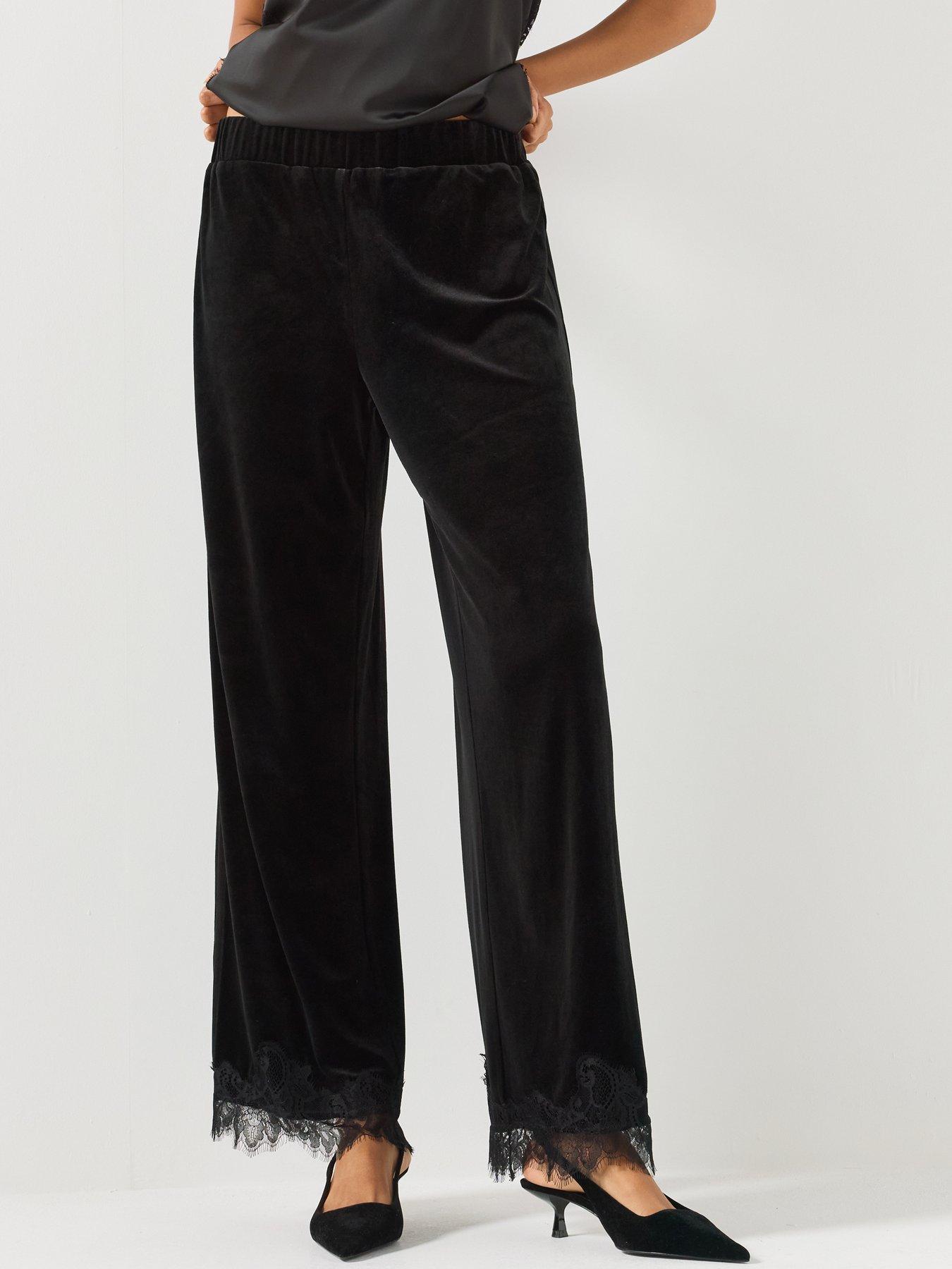 Image 1 of 5 of JDY Womens Velvet Lace Hem Wide Leg Trousers - Black