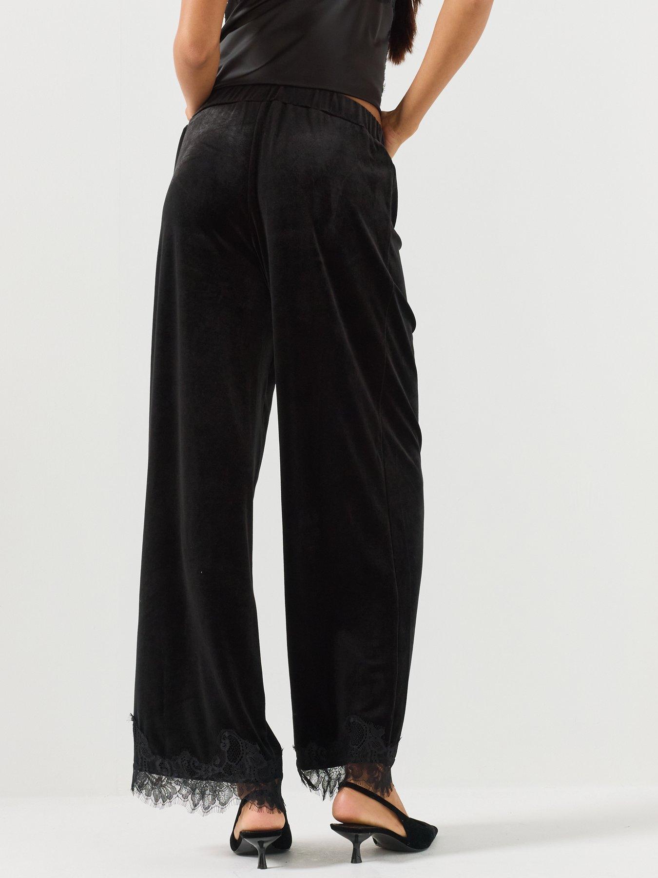 Image 2 of 5 of JDY Womens Velvet Lace Hem Wide Leg Trousers - Black