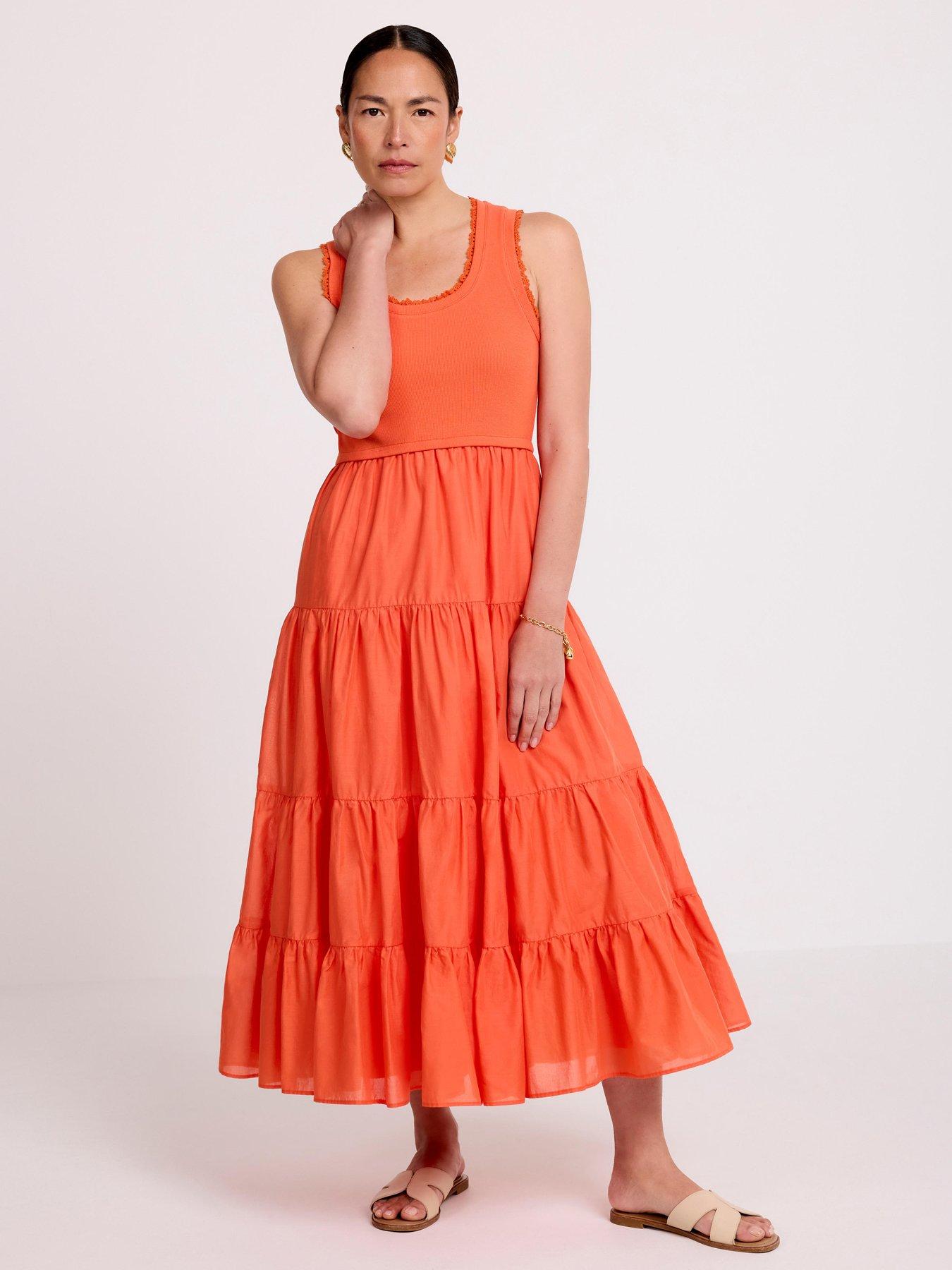Image 1 of 6 of Mint Velvet Trim Tiered Midi Dress - Orange