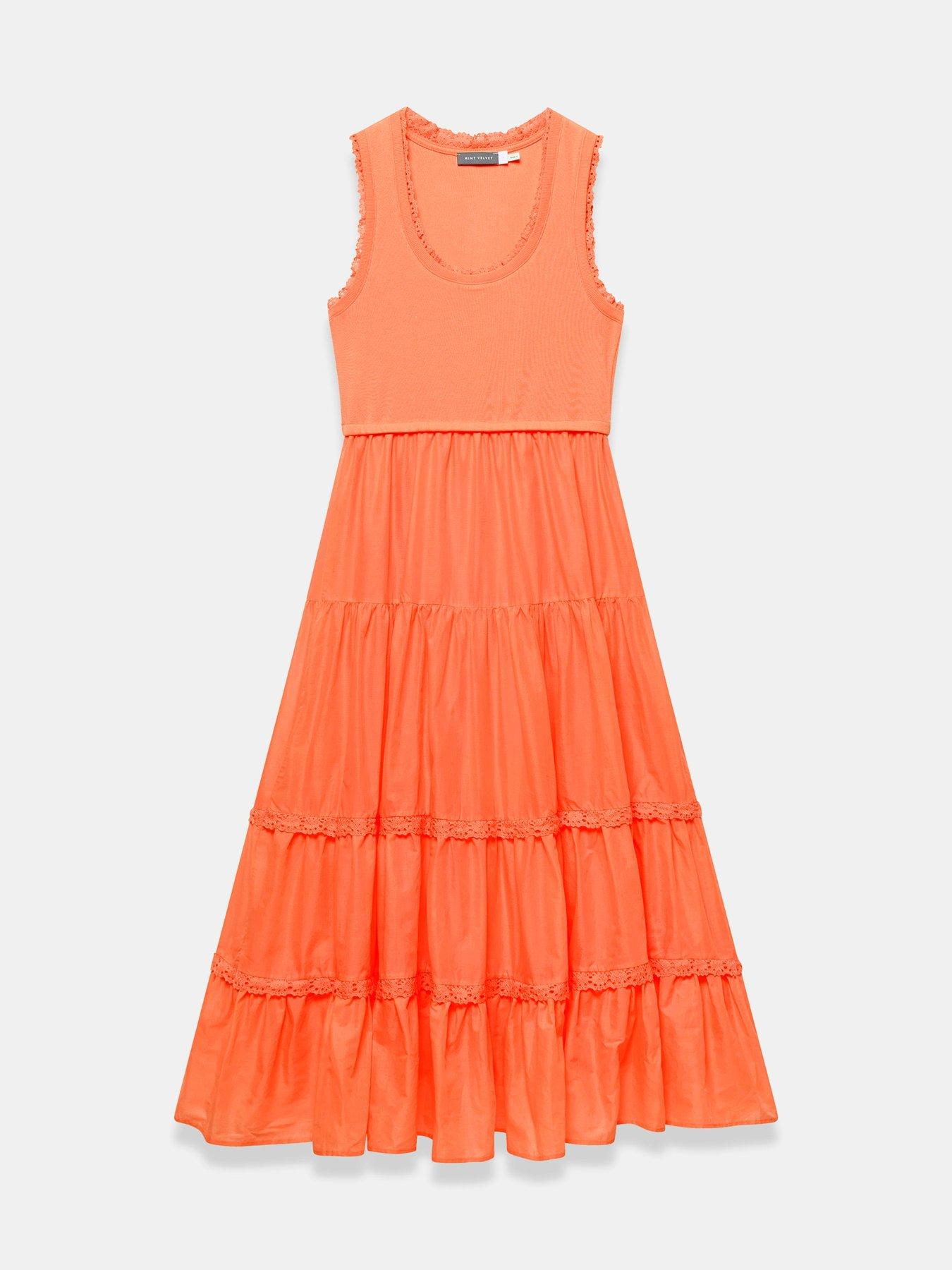 Image 5 of 6 of Mint Velvet Trim Tiered Midi Dress - Orange