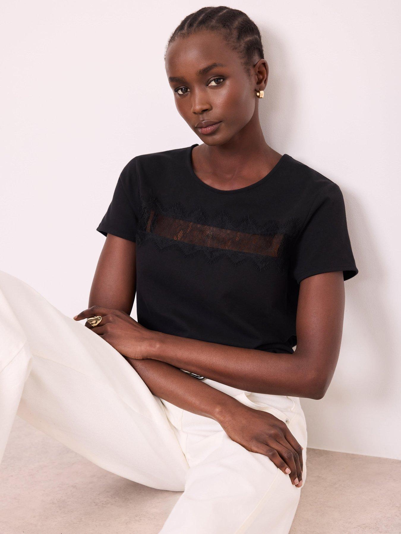 Image 1 of 6 of Mint Velvet Lace Trim T-Shirt - Black