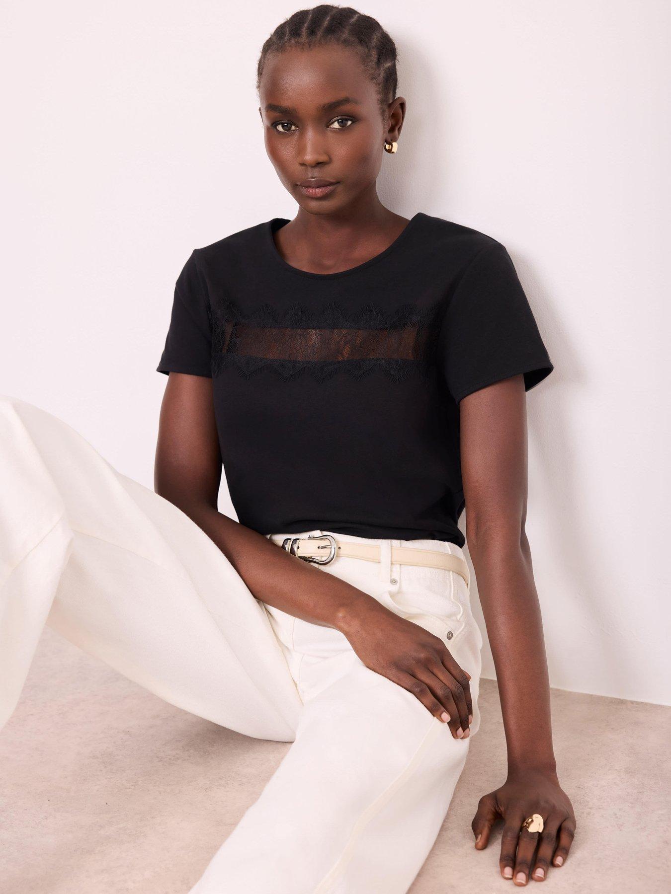 Image 2 of 6 of Mint Velvet Lace Trim T-Shirt - Black