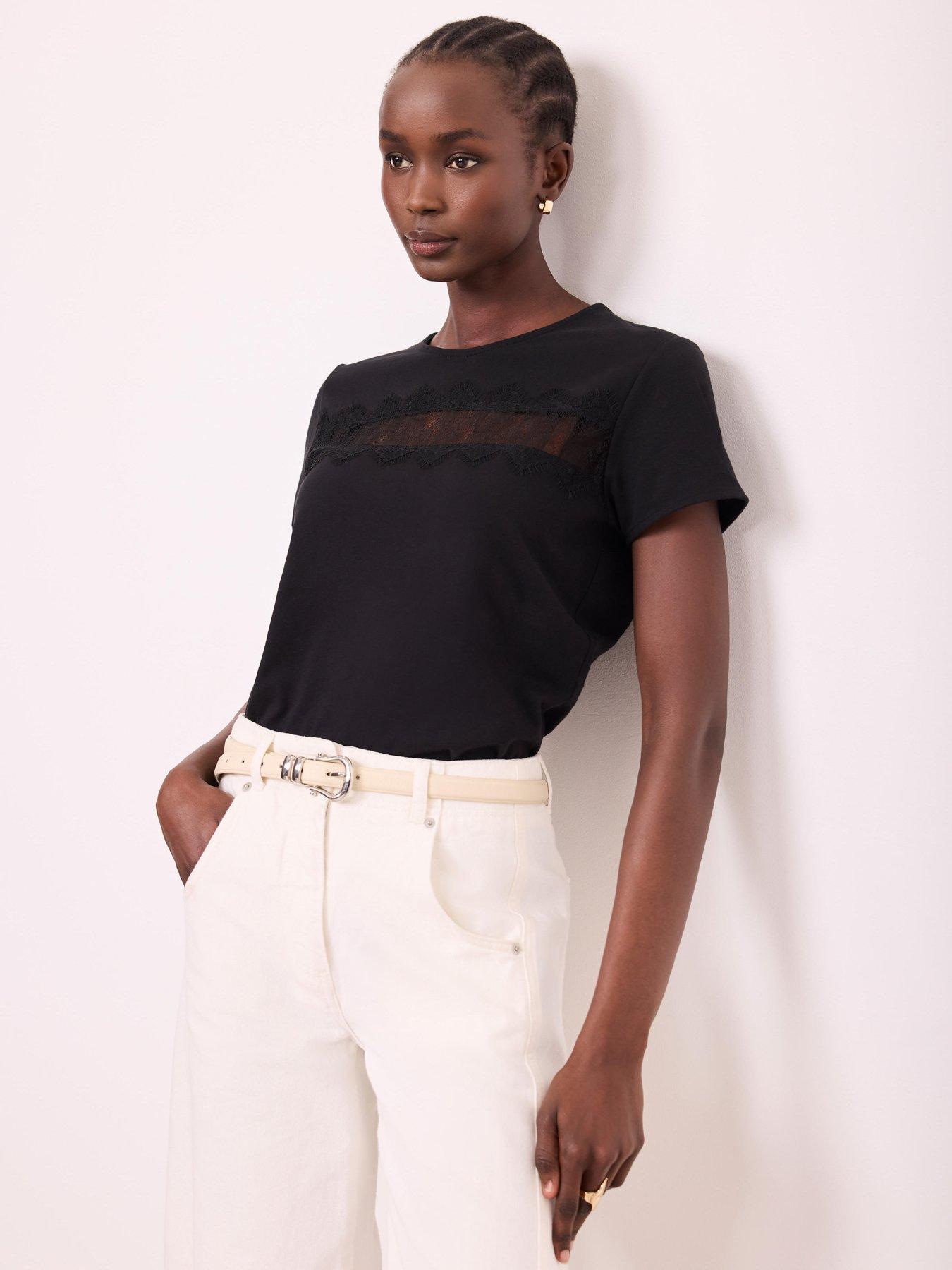 Image 3 of 6 of Mint Velvet Lace Trim T-Shirt - Black