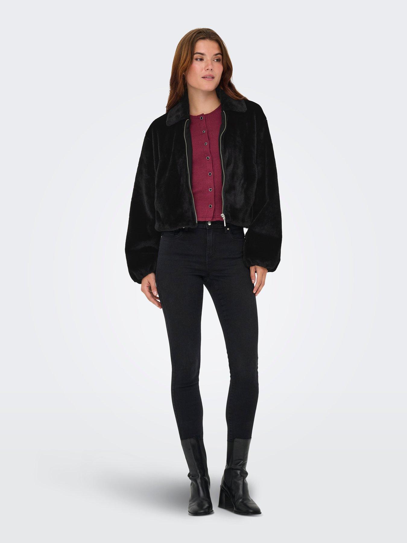 Image 3 of 7 of Only Womens Dana Faux Fur Zip Through Jacket - Black
