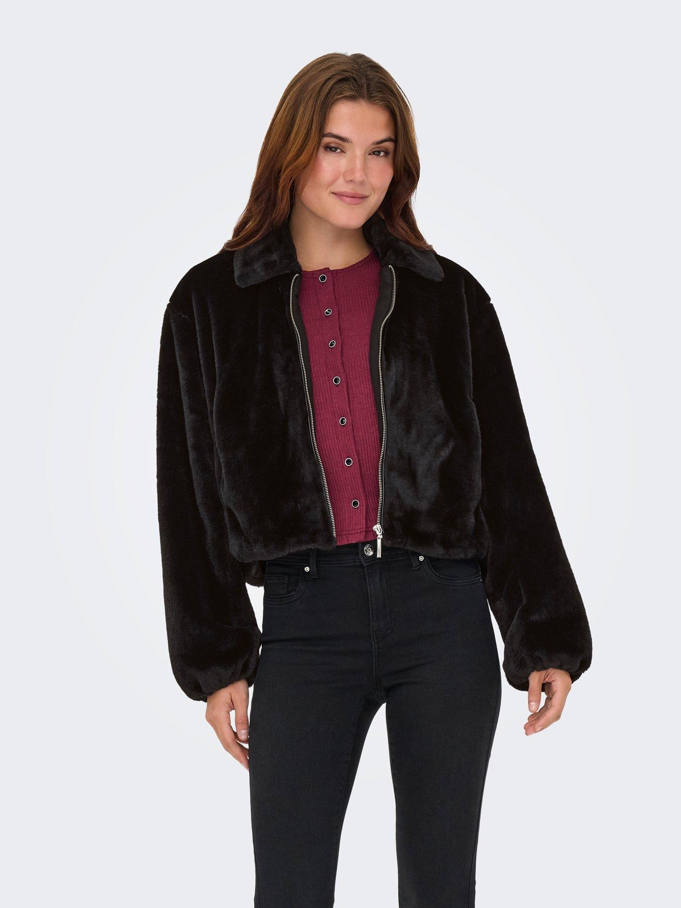 Image 4 of 7 of Only Womens Dana Faux Fur Zip Through Jacket - Black