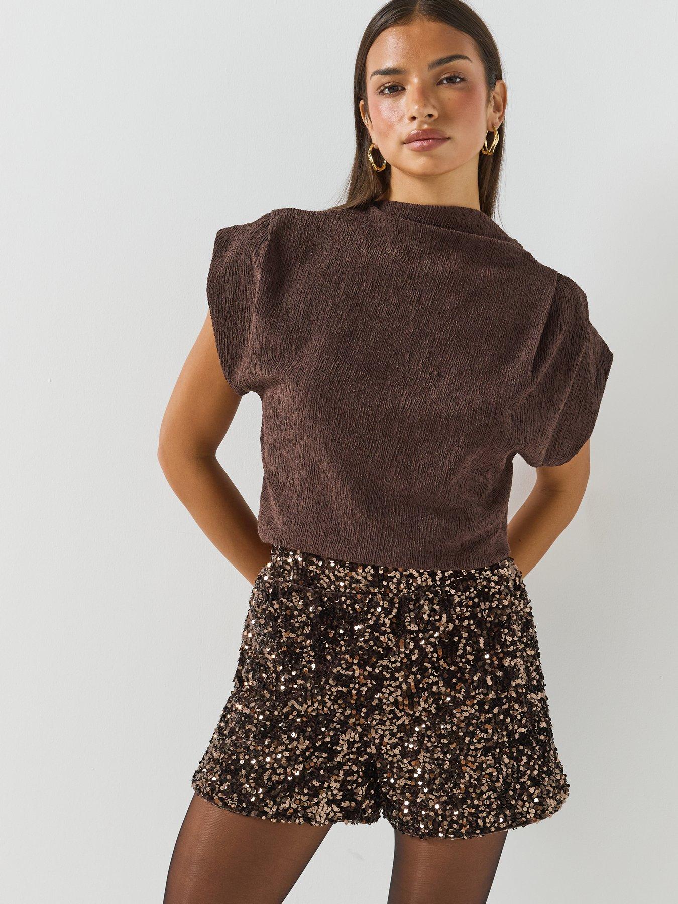 Image 5 of 6 of Only Womens Confidence Sequin Pull-On Shorts - Brown