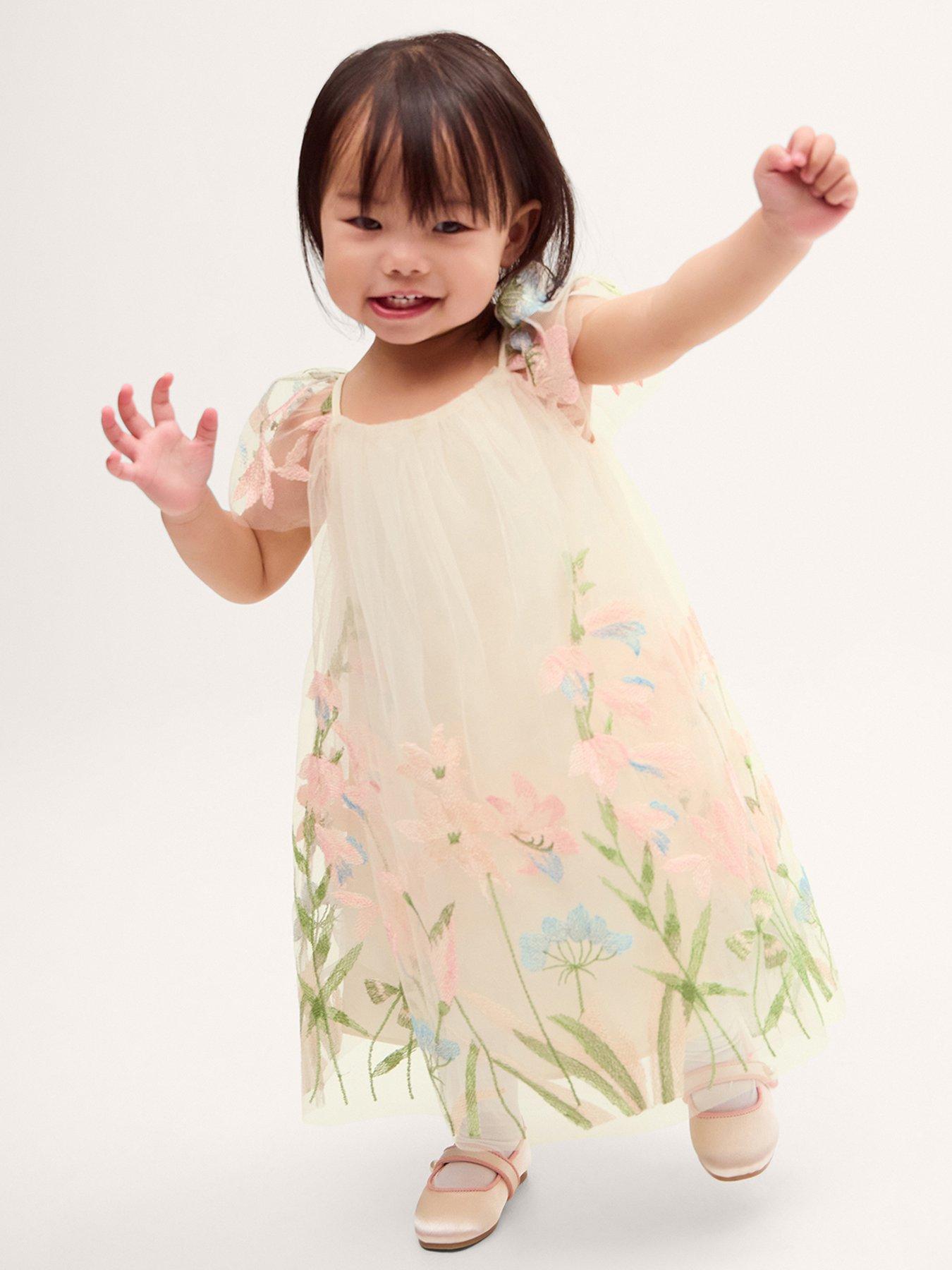 Monsoon Baby Girls Bryony Embroidered Flower Swing Dress - Warm Ivory