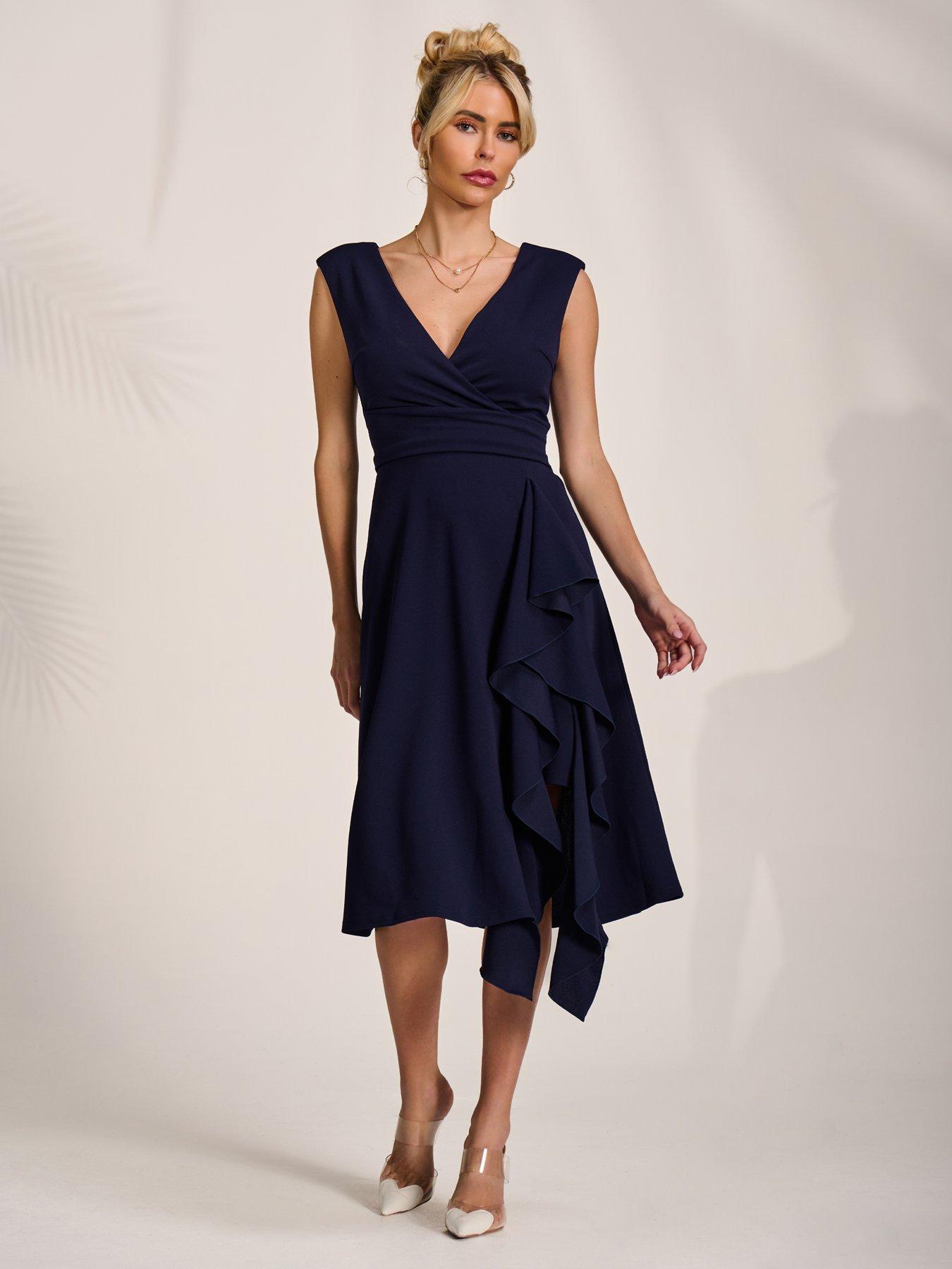 Image 3 of 7 of Jolie Moi Qiana Ruffle Detail Midi Dress - Navy