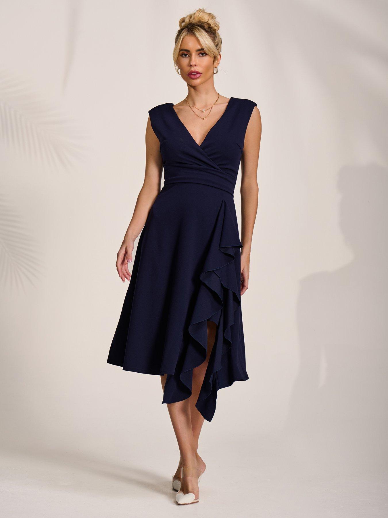 Image 5 of 7 of Jolie Moi Qiana Ruffle Detail Midi Dress - Navy
