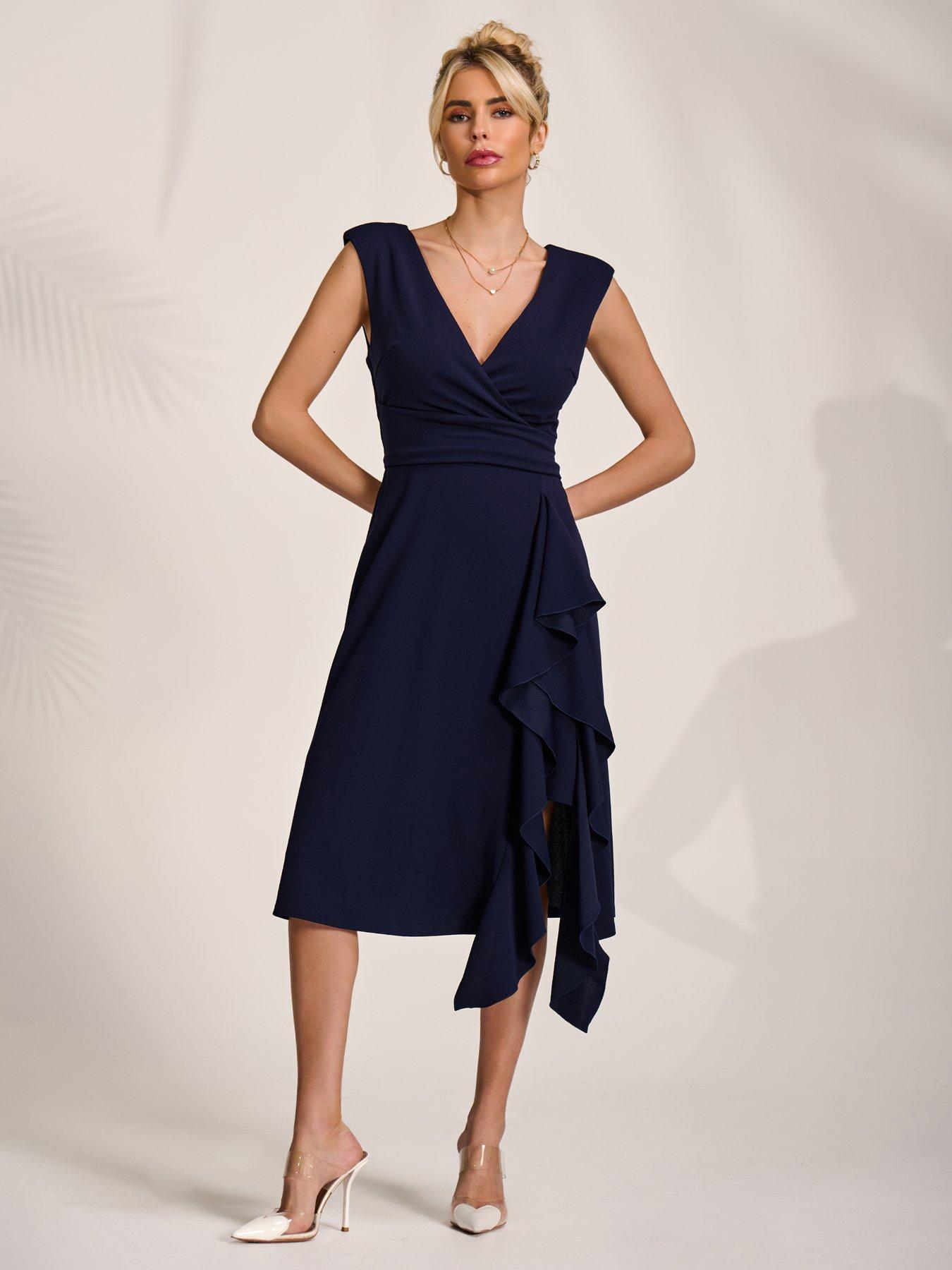 Image 6 of 7 of Jolie Moi Qiana Ruffle Detail Midi Dress - Navy