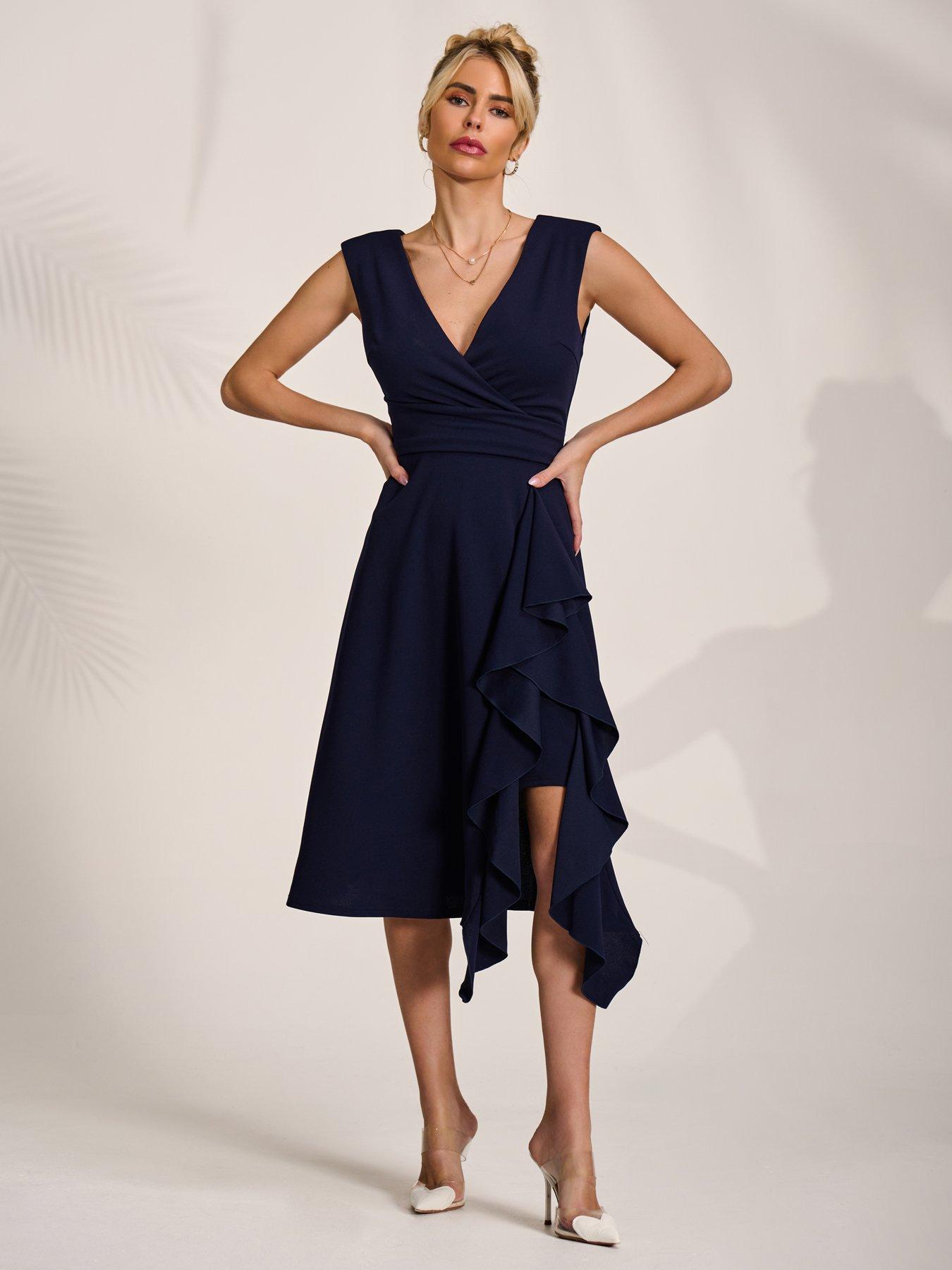 Image 7 of 7 of Jolie Moi Qiana Ruffle Detail Midi Dress - Navy
