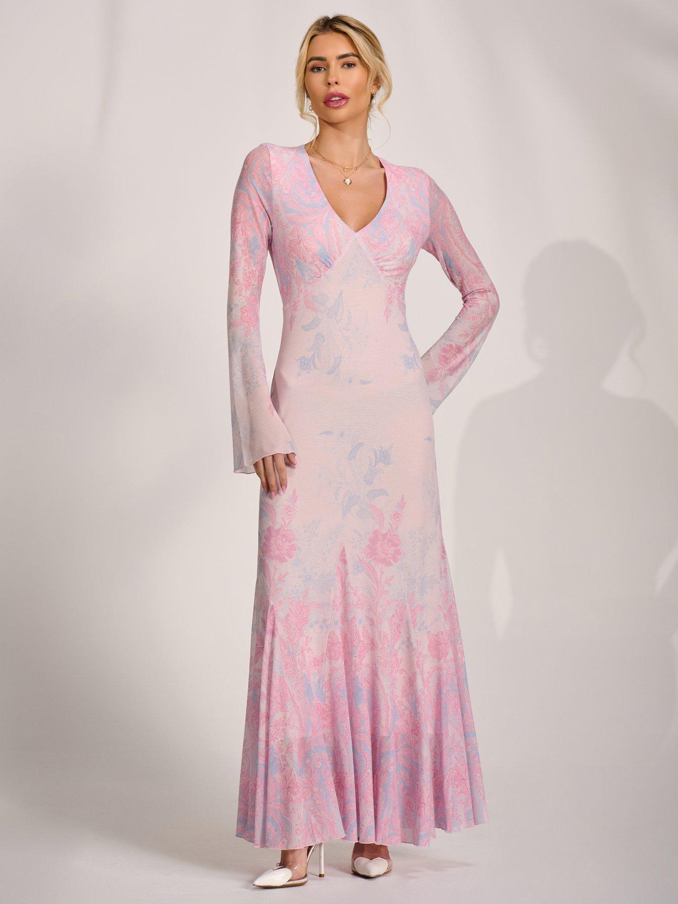 Jolie Moi Long Sleeve Godet Mesh Maxi Dress - Pink Floral
