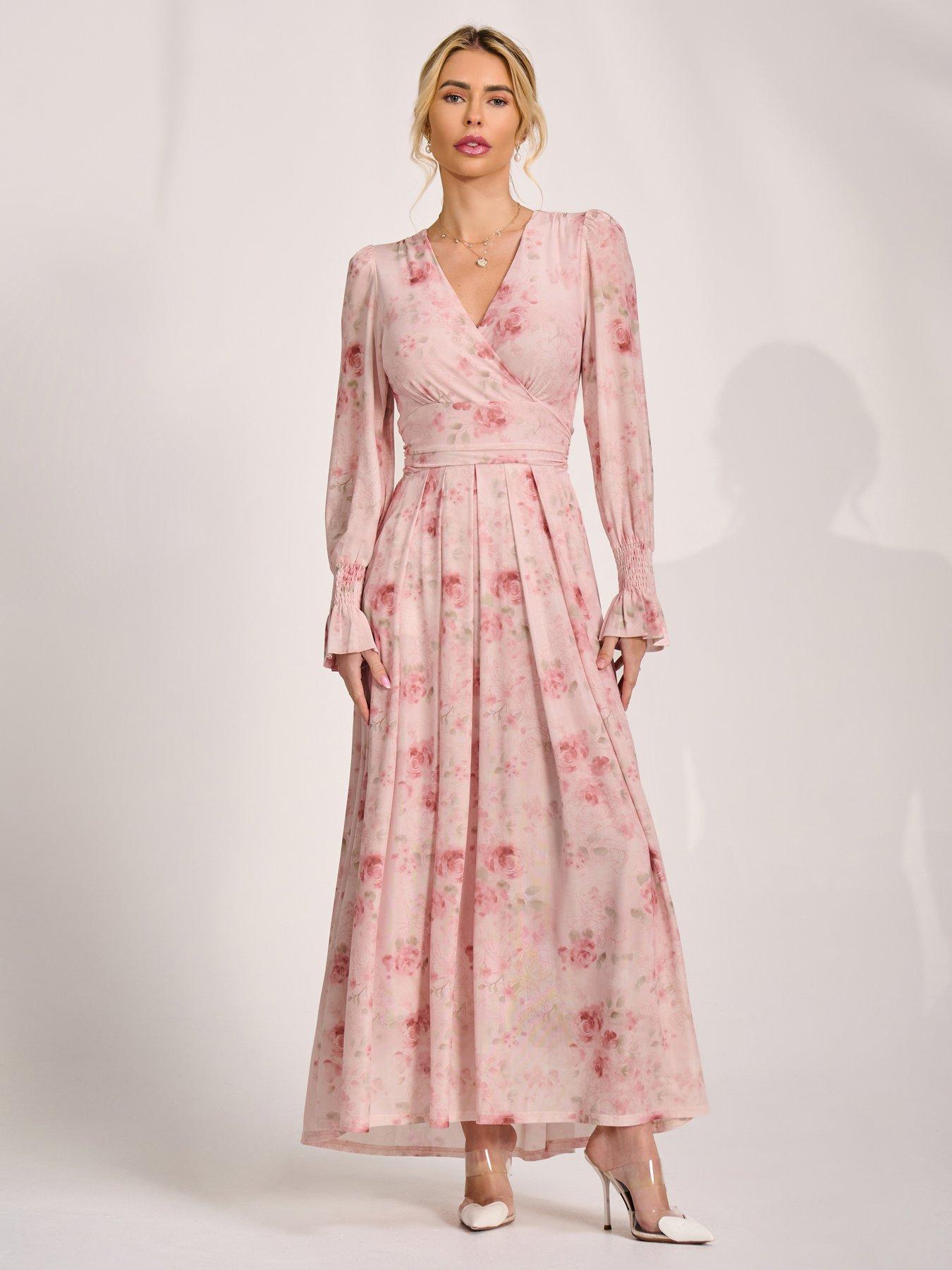 Jolie Moi Long Sleeve V Neck Mesh Maxi Dress - Pink Floral