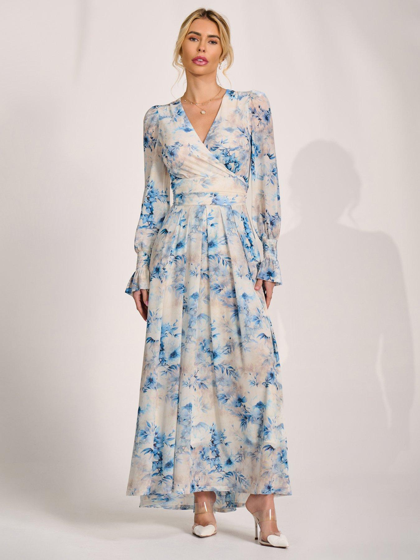 Image 1 of 7 of Jolie Moi Long Sleeve V Neck Mesh Maxi Dress - Cream Floral