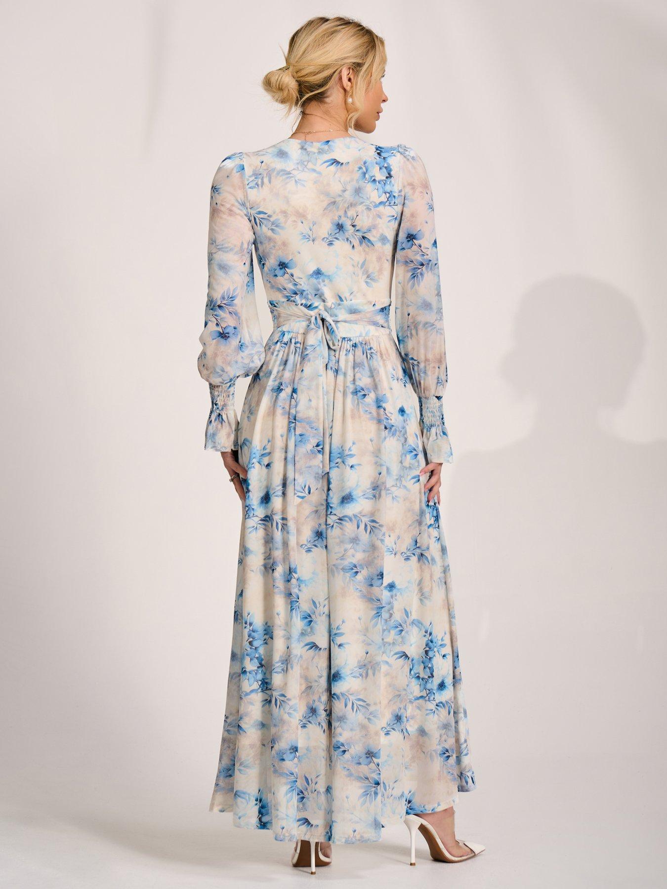 Image 2 of 7 of Jolie Moi Long Sleeve V Neck Mesh Maxi Dress - Cream Floral