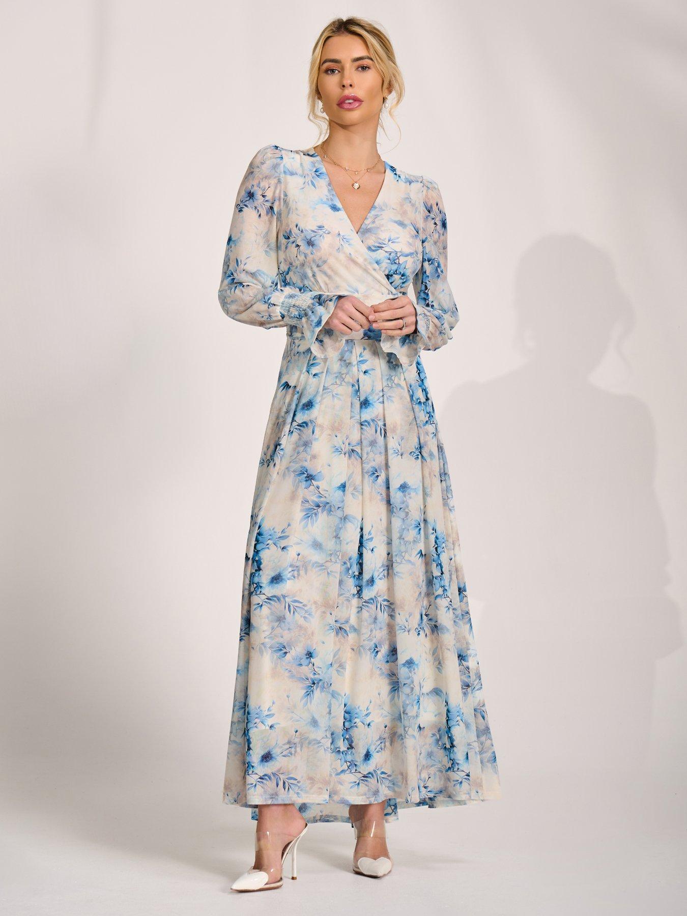 Image 3 of 7 of Jolie Moi Long Sleeve V Neck Mesh Maxi Dress - Cream Floral