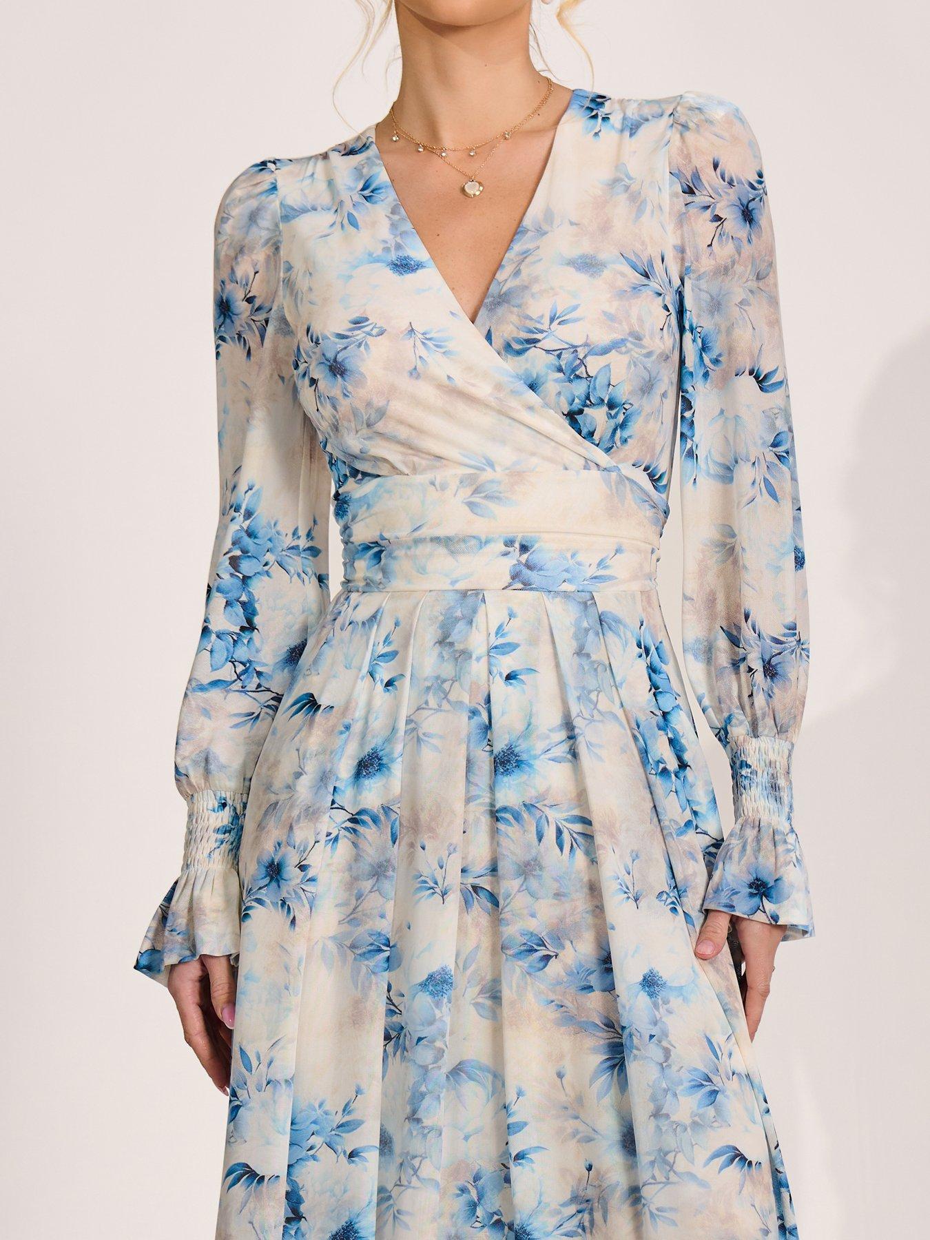 Image 4 of 7 of Jolie Moi Long Sleeve V Neck Mesh Maxi Dress - Cream Floral