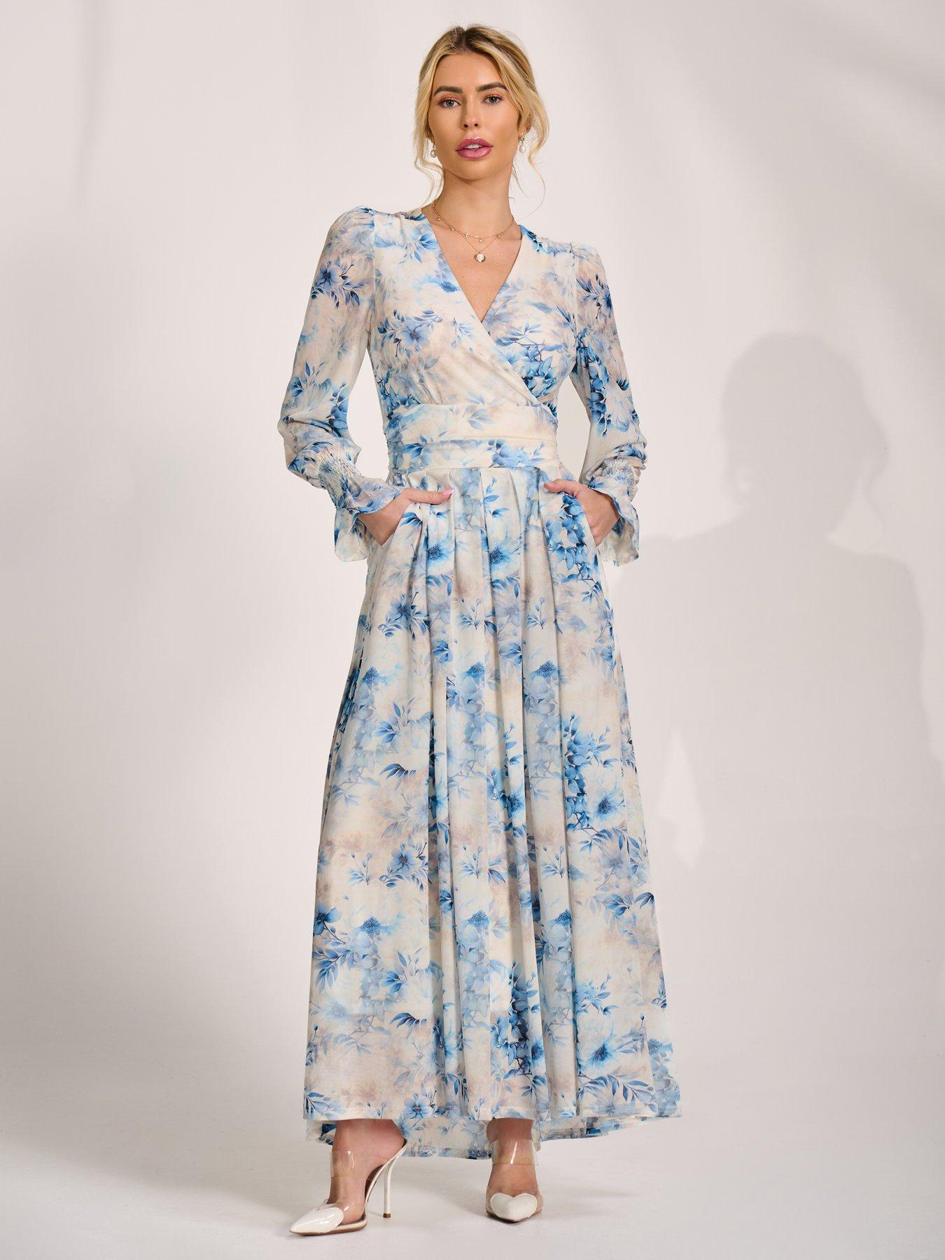 Image 5 of 7 of Jolie Moi Long Sleeve V Neck Mesh Maxi Dress - Cream Floral
