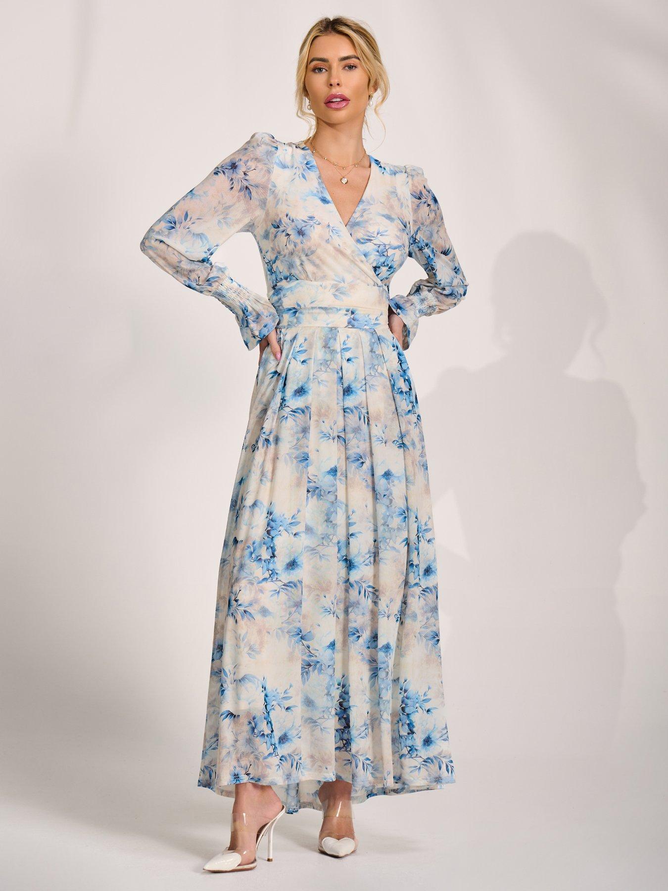 Image 6 of 7 of Jolie Moi Long Sleeve V Neck Mesh Maxi Dress - Cream Floral