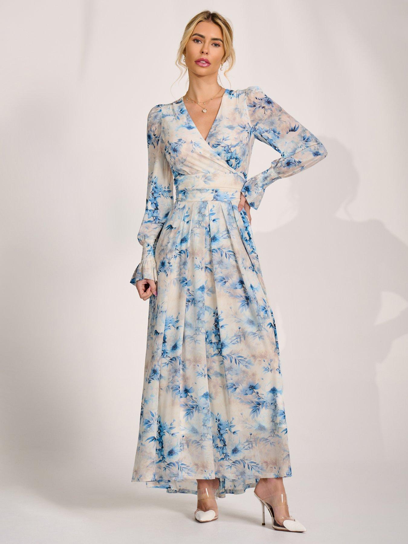 Image 7 of 7 of Jolie Moi Long Sleeve V Neck Mesh Maxi Dress - Cream Floral