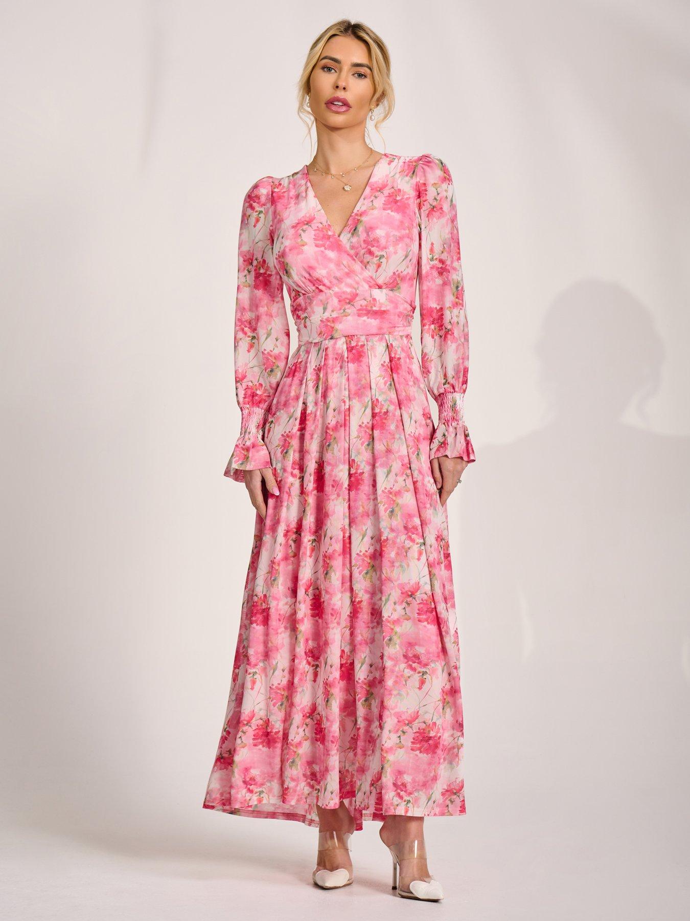 Jolie Moi Long Sleeve Dip Hem Mesh Maxi Dress - Pink