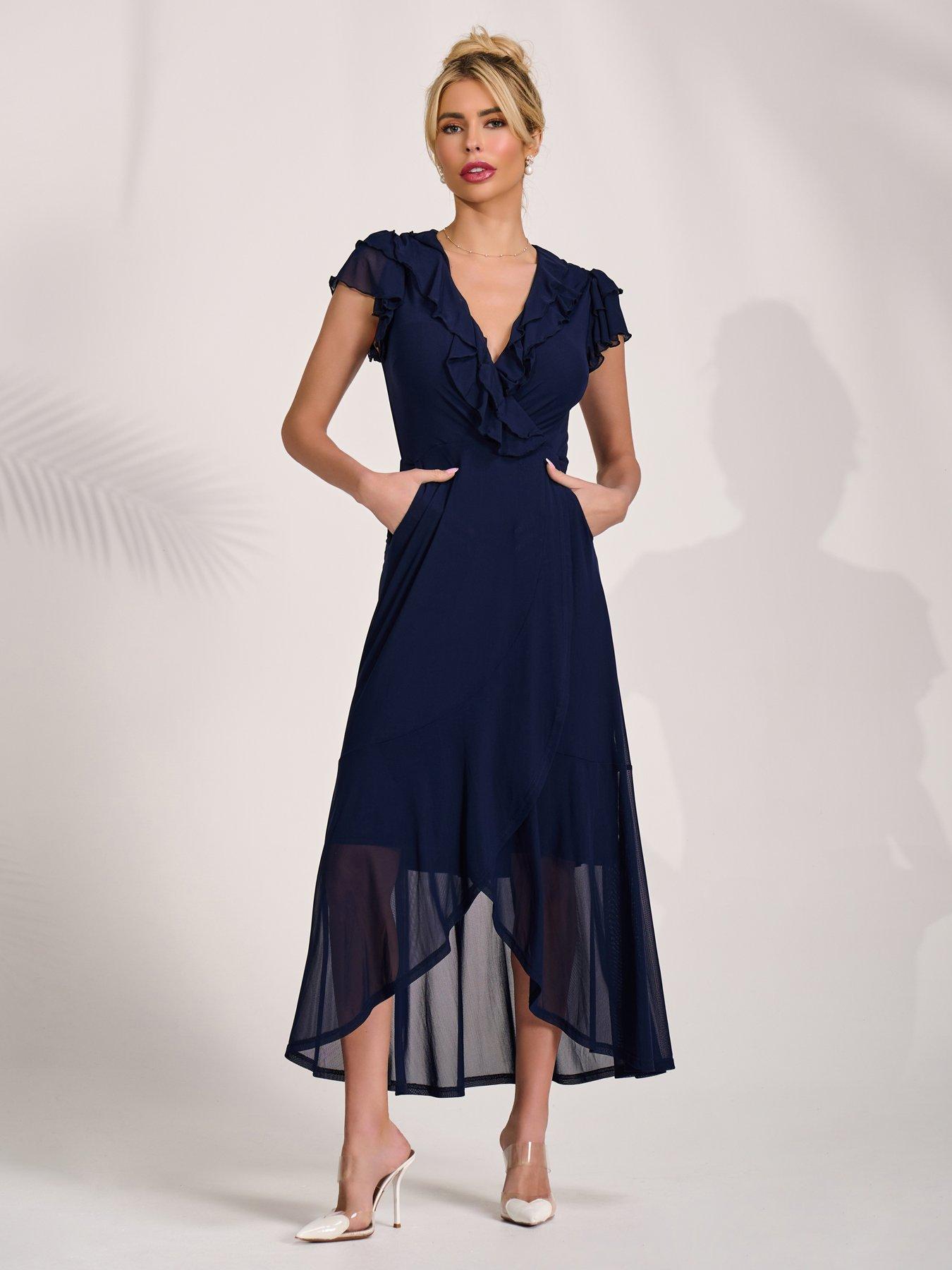 Jolie Moi Ruffled Mesh Maxi Dress - Navy